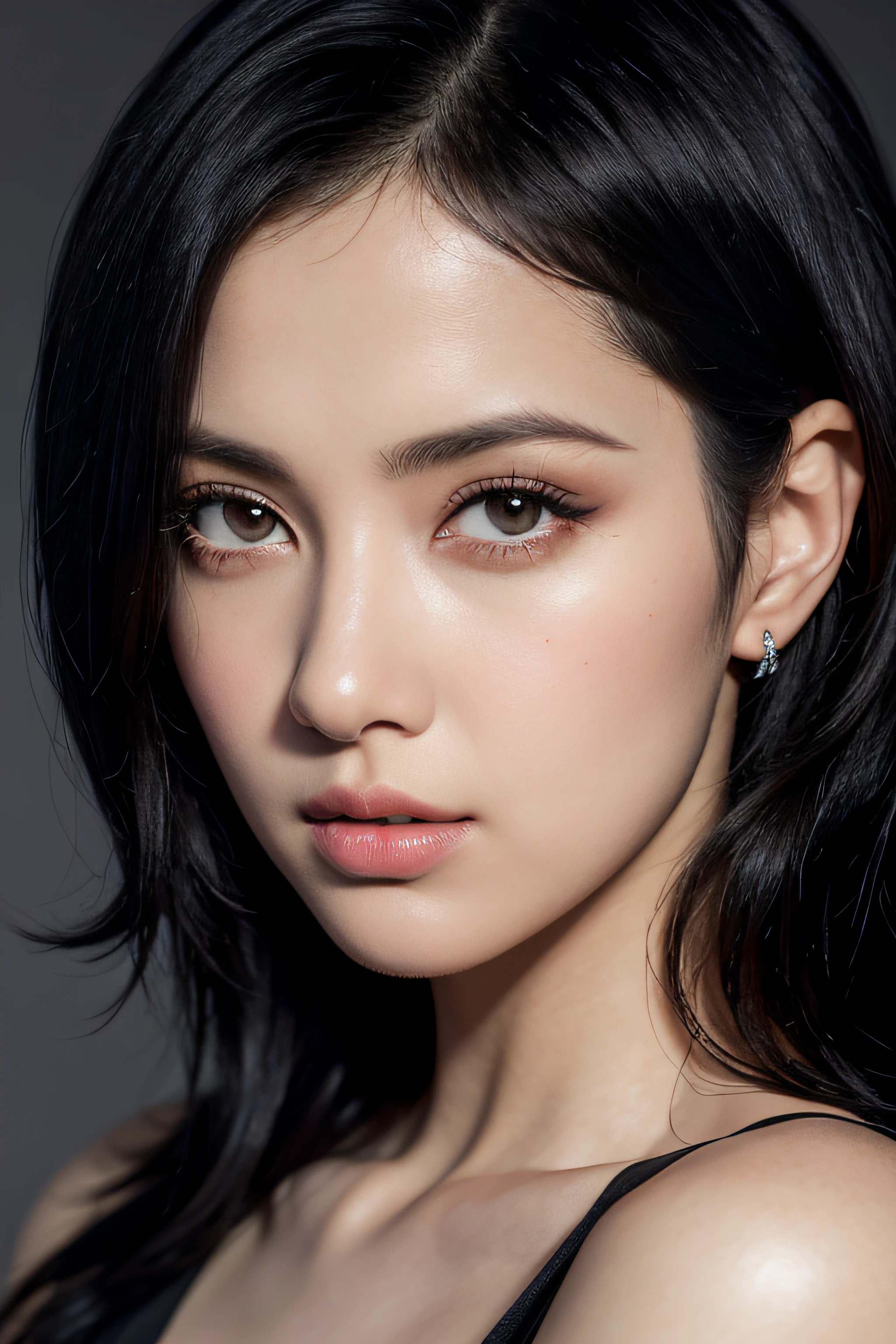arafed woman with short wavy black hair and black tuxedo posing for a picture, medium portrait soft light, portrait soft low light, chiaroscuro portrait, shot at dark with studio lights, cinematic headshot portrait, portrait soft light, low key lighting, young woman with long dark hair, low - key lighting, low-key lighting, ( low key light )