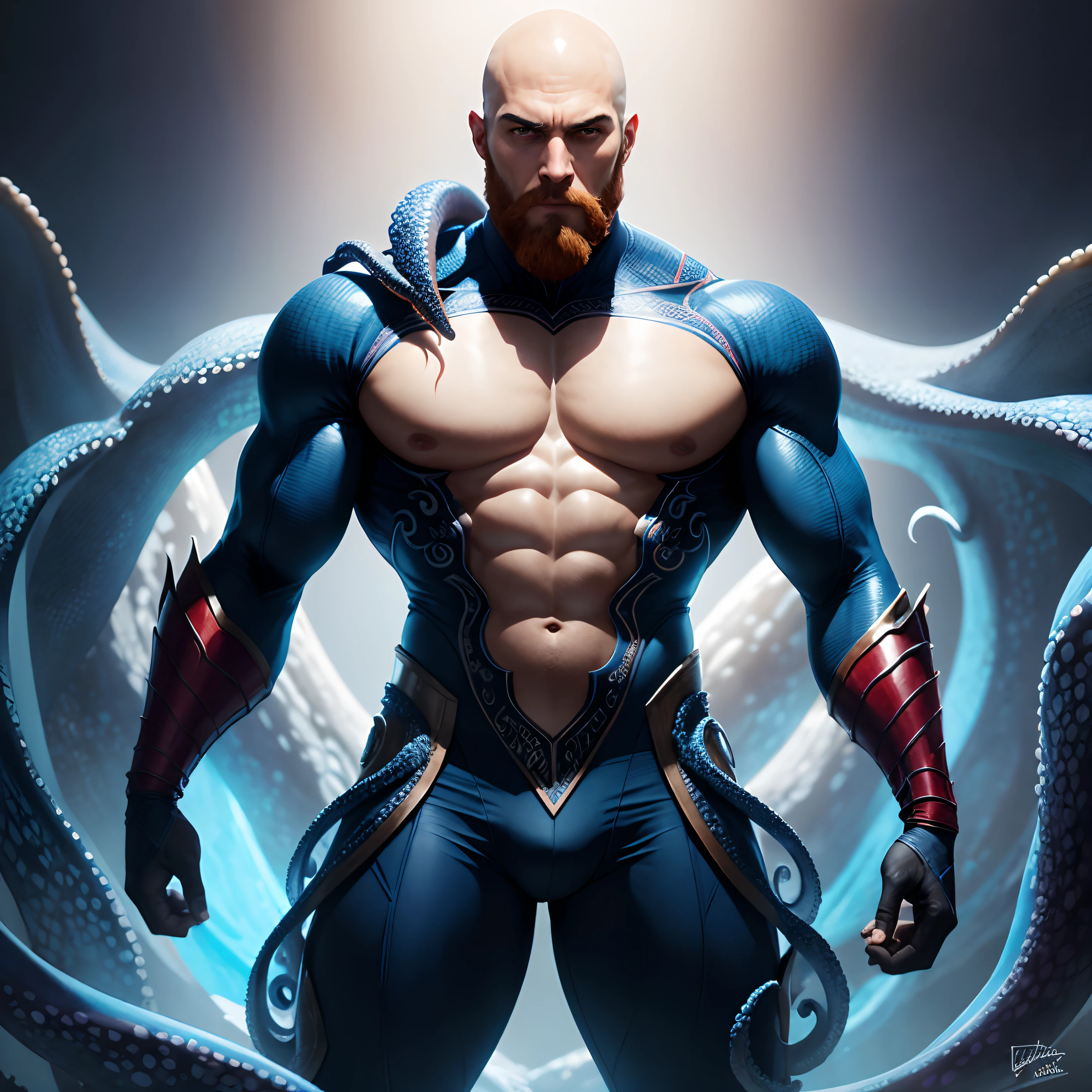 Homem careca,with red beardSeaArt Txt2Img Standard 23:11:28 Create a realistic 8k HD Ultra image of a Marvel character in a costume inspired by the Spider-Man costume only that this superhero would have the costume inspired by an octopus, ele seria o homem polvo, com seu traje em tons de branco azul Ciano azul claro e azul escuro seu traje tem um lindo perfeito e detalhado ,Details with octopus tentacles, Ventosas ,no estilo Homem-Aranha do aranhaverso,Costume inspiration of superhero costume is an octopus.
