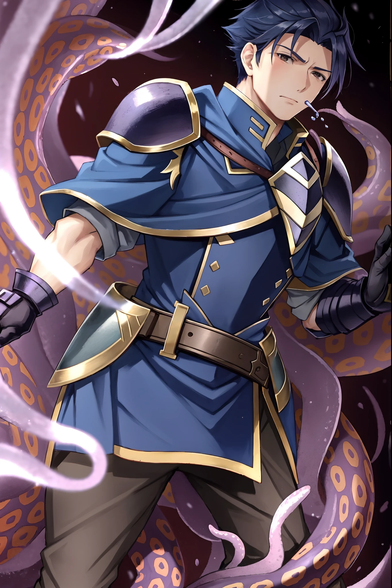 Hector Fey（adult man）， 独奏， looking at viewert，Tied by tentacles（Mucus-secreting tentacles） ，perfect male figure，with her mouth open，drools，perspire，Tight combat uniform，Armour，Armour，Get wet， mitts， 1 man，weeping，Be red in the face， Male focus，Tentacles wrapped around thighs（Octopus tentacles wrap around thighs）， mtu，cloaks， Armour， Shoulder armor， Soaked leggings，Wrists bound by tentacles，Waist wrapped around tentacles,，ember