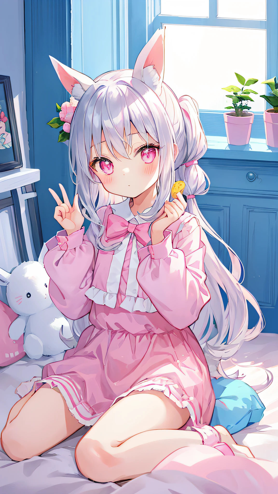 beautiful illustration、top-quality、Cute little girl s、bedroom、PastelColors、Fluffy rabbit ears、小柄、Silver long hair、rabbit stuffed、Bright lighting、bright pink eyes、Pony tail