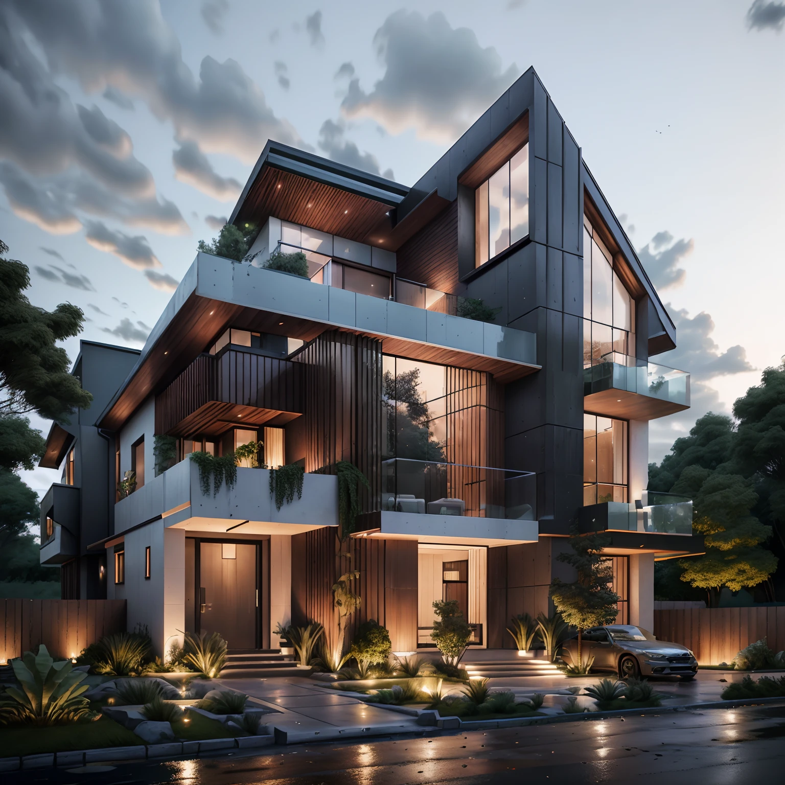 mordenhouse, house, glass house with a sloping roof, modern, dynamic (RAW photo, real, best quality, masterpiece:1.2), (hyper realistic, photo-realistic:1.2), high quality, (dark lighting:1.2), perfect lighting, archdaily