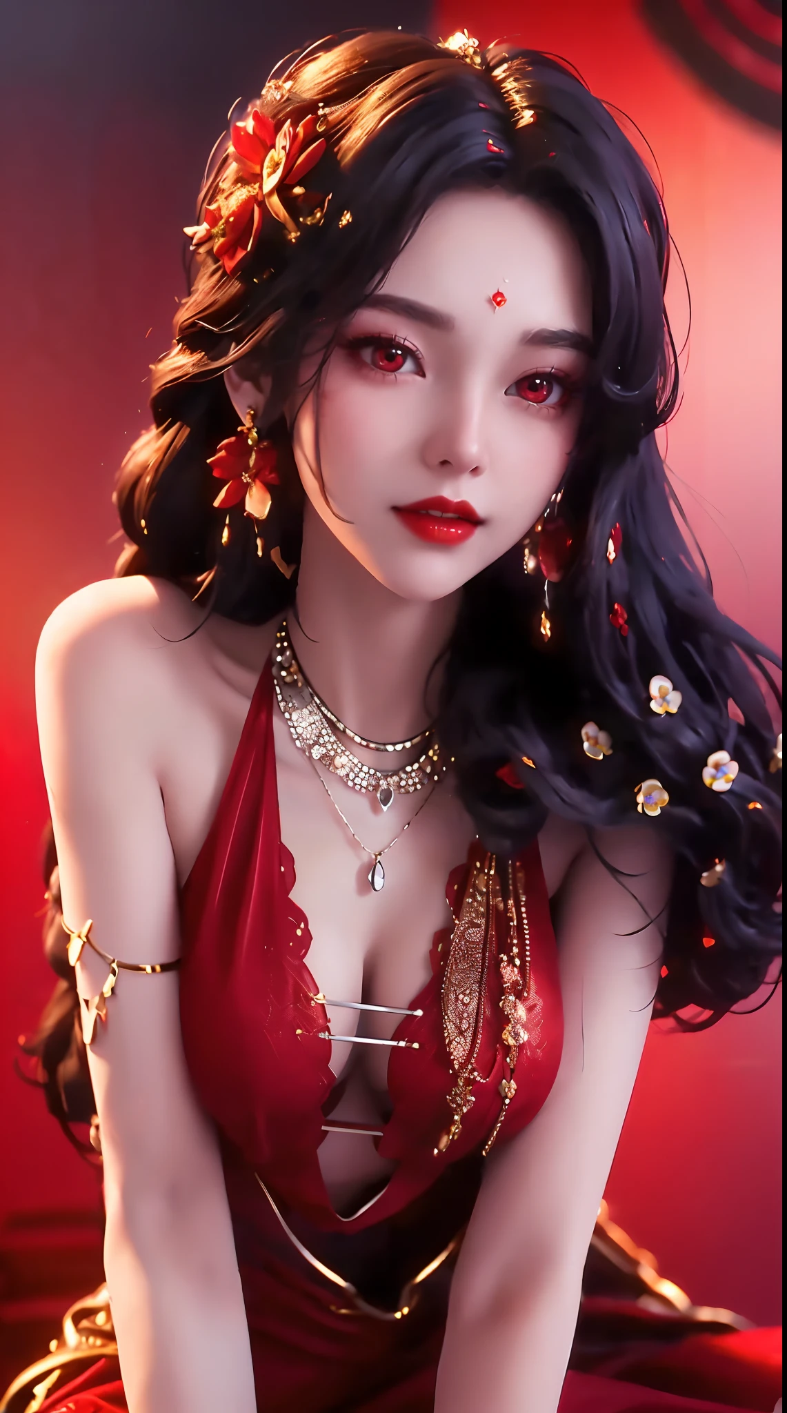 1 beautiful and sexy 20 year old girl, ((wearing a super thin red dress:1.8)), a dress with diamonds, ((long platinum hair:1.6)), bangs, jewelry elaborately made from precious stones and beautiful hair, ((wearing a black lace necklace:1.4))), the noble, noble style of an extremely beautiful girl, her small face is super cute, her face is very pretty, thin eyebrows, flawless beautiful face, ((black eye pupils: 0.8)), very beautiful eyes, ((light red eyes: 1.5)), nice makeup and hair detailed eyelashes, steamy eye makeup, high nose, earrings, red lips, ((closed mouth: 1;5 )) beautiful lips, slim hands, most beautiful thighs, ((arms spread out to the sides: 1.5) ), rosy face, clean face, flawless beautiful face, smooth white skin, (big breasts: 1.5)), ((high breasts: 1.6) ), tight breasts, beautiful cleavage, (((big breasts and super round: 1.8))), ((super tight breasts: 1.7)) , beautiful breasts, back arms, chest out, thin black mesh stockings with black lace trim, 8k photo, super high quality, super realistic, super 10x pixels, optical, bright studio, bright edges, dual-tone lighting, (high-detail skin:1.2), super 8k, soft lighting, high quality, volumetric lighting, photorealistic, photorealistic high resolution, lighting, best photo, 4k, 8k quality, blur effect, smooth sharp, 10 x pixel, ((red flower background:1.7)), aurora, lightning, super graphics realistic, most realistic graphics, alone, solo, Extremely sharp image, surreal, girl's upper body, (((frontal portrait: 1.6)))."