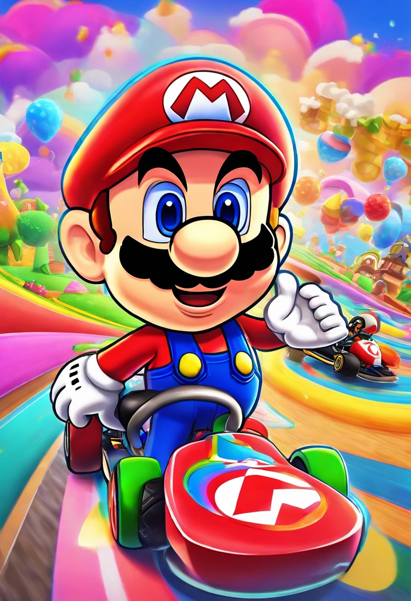 Intricate details, (Best Quality),(hight resolution),8K, ultla detailed, Highly detailed colors, Rainbow Road, Run a go-kart, Mario Driving, Rainbow Road, Racing Mario Kart, Mario kart, nintendo game art, key art, official artwork, Complex rainbow environment, Rainbow BG, high detailed official artwork, Mute Rainbow Tube,