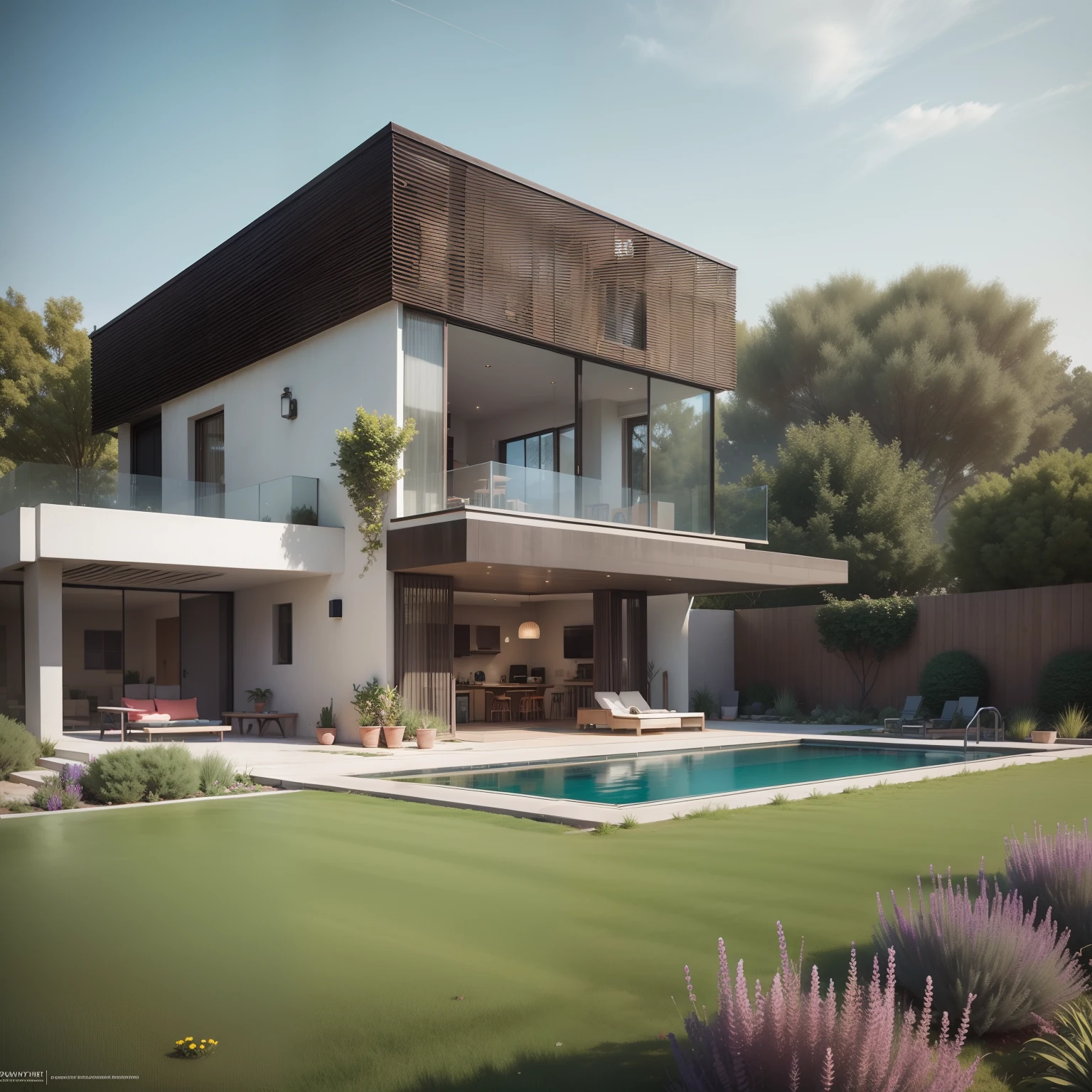 Organic modern architecture on a fairly large plot, From , there is a swimming pool in the middle of a large house of a flower, color of the house in chocolate brown and black beams, large modern residence, flat roofs and garden, render luxcore, render oktane, photoreal render, building rendering, mantra rendering, building rendering, Realistic rendering, archviz, wellness pool, archviz, large green zones, with small zones of lavender flowers, green shrubs type lush green garden, as well as small water mirrors, swimming pool embedded in an area of sand, olive and pine trees around the house, paddle court next to the house