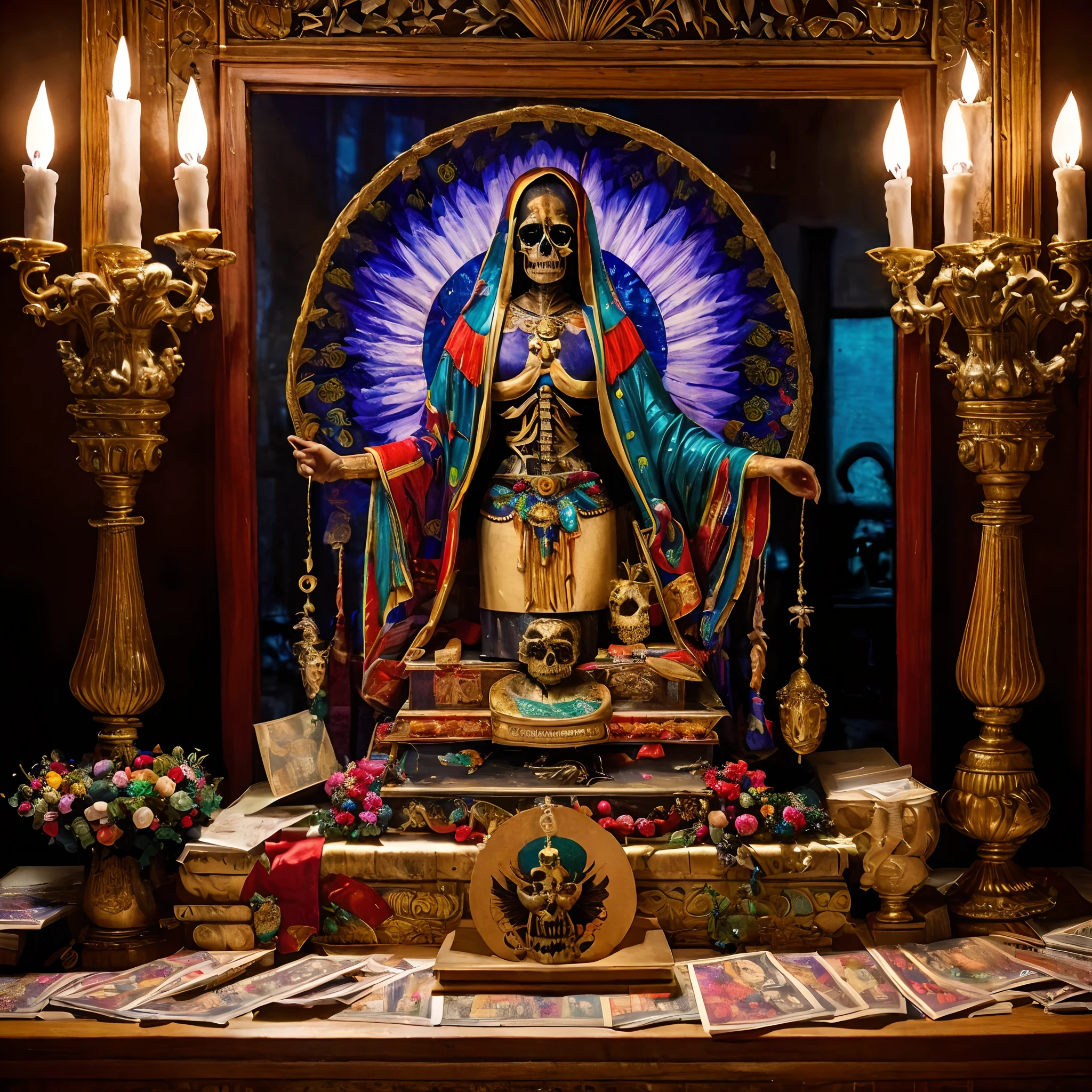 Altar de LA SANTA MUERTE CARGANDO EN LA MANO UNA GUADANA en un buro de una casa típica mexicana de los 80's por la noche iluminado con veladoras de ofrenda Pesos mexicanos billetes de 500 pesos armas de fuego gloc ,que los rostros sean craneos, cuerpo esqueleto,estilo portada para una cancion ESTILO MALANDRO