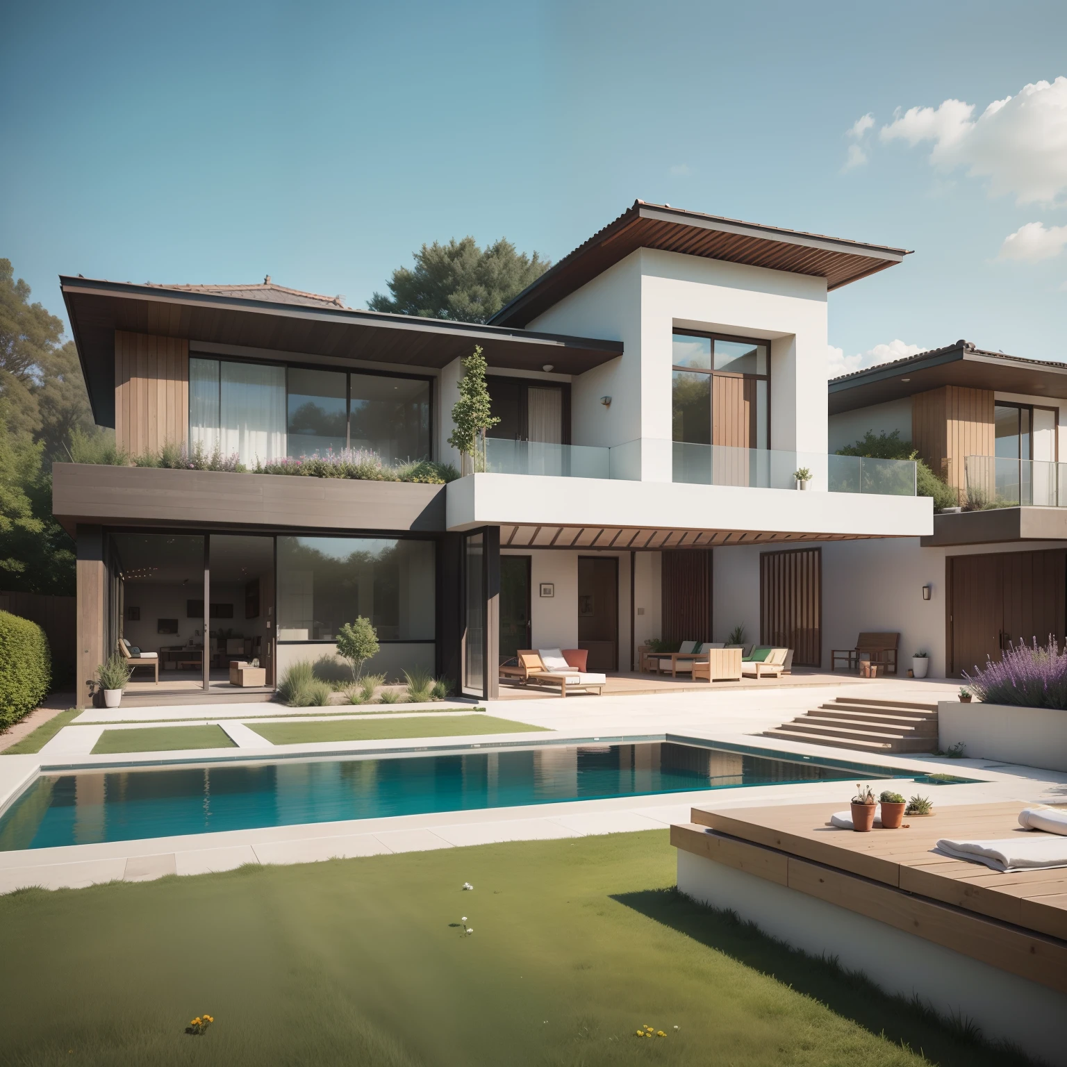Organic modern architecture on a fairly large plot, From , there is a swimming pool in the middle of a large house of a flower, color of the house in chocolate brown and black beams, large modern residence, flat roofs and garden, render luxcore, render oktane, photoreal render, building rendering, mantra rendering, building rendering, Realistic rendering, archviz, wellness pool, archviz, large green zones, with small zones of lavender flowers, green shrubs type lush green garden, as well as small water mirrors, swimming pool embedded in an area of sand, olive and pine trees around the house, paddle court next to the house