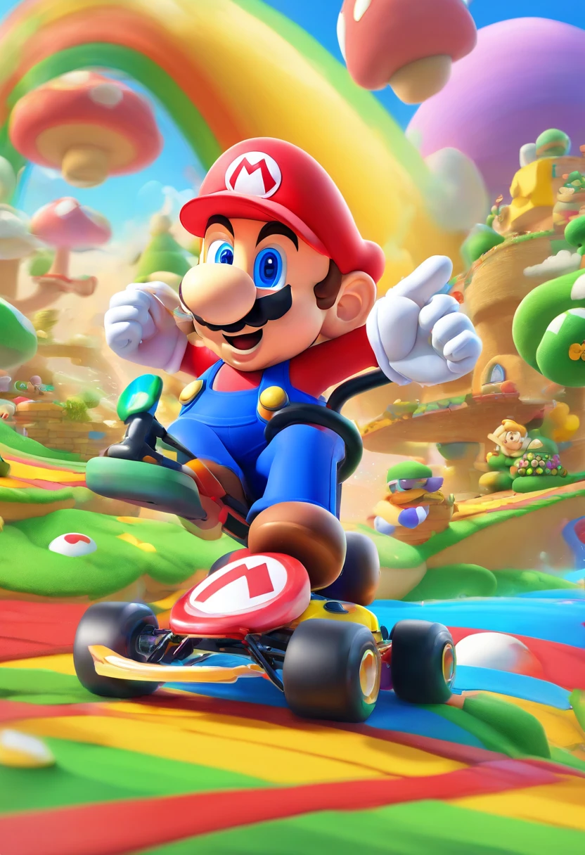 Intricate details, (Best Quality),(hight resolution),8K, ultla detailed, Highly detailed colors, Rainbow Road, Run a go-kart, Mario Driving, Rainbow Road, Racing Mario Kart, Mario kart, nintendo game art, key art, official artwork, Complex rainbow environment, high detailed official artwork