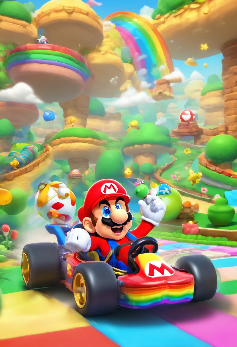 Intricate details, (Best Quality),(hight resolution),8K, ultla detailed, Highly detailed colors, Rainbow Road, Run a go-kart, Mario Driving, Rainbow Road, Racing Mario Kart, Mario kart, nintendo game art, key art, official artwork, Complex rainbow environment, high detailed official artwork