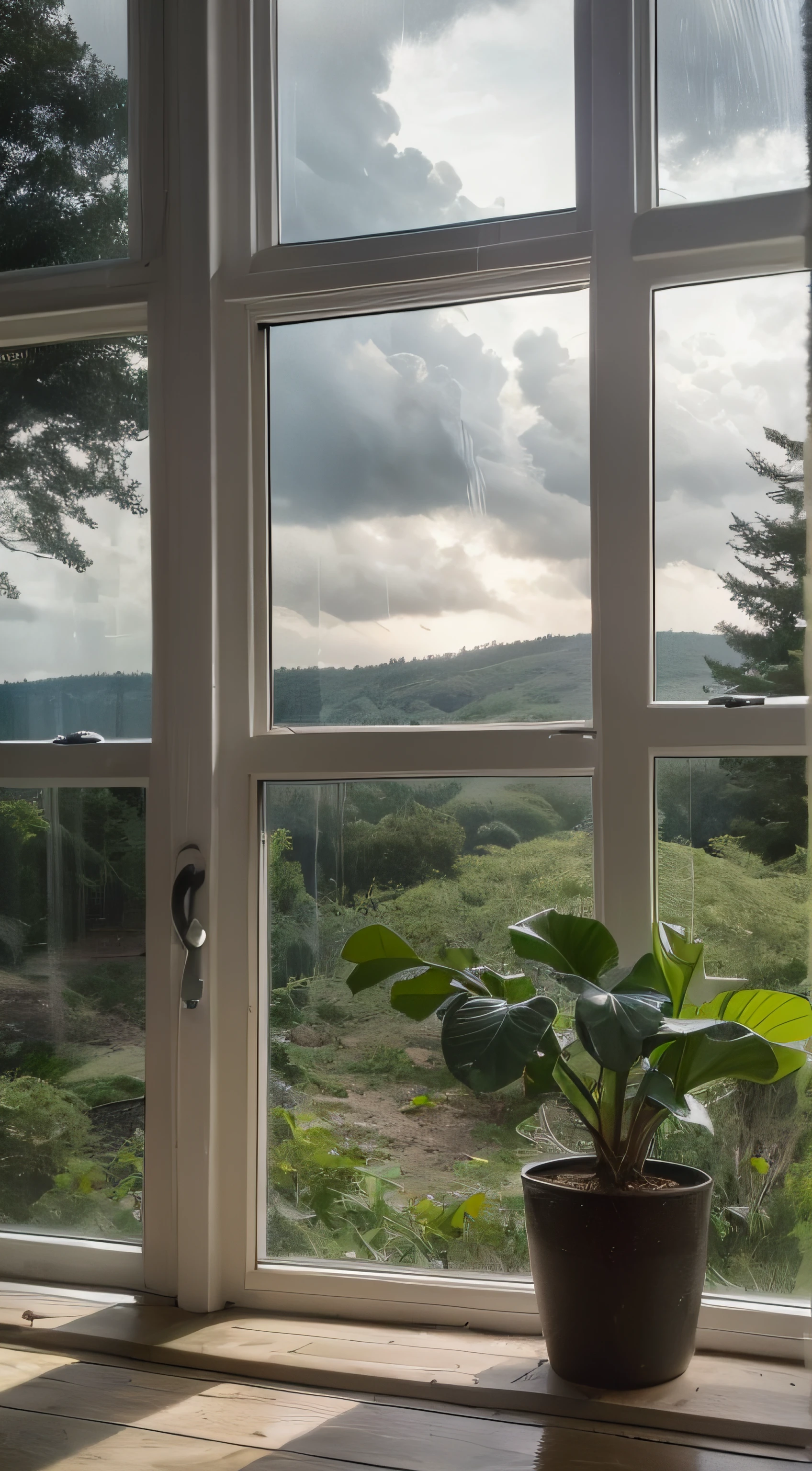 violent storm,dark stormy clouds,floor to ceiling window,sofe,fireplace, cats,A plant,the woods,hilltop,High detail,lightand shade contrast,hyper HD,tmasterpiece,winning artwork,Best quality at best,A high resolution,16k