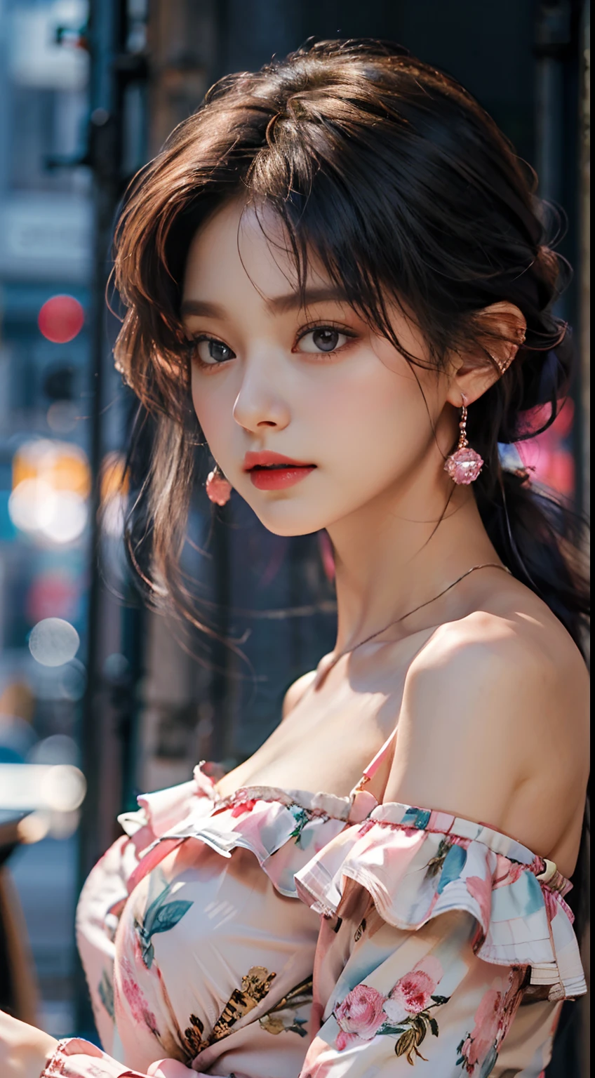 Best Quality, Masterpiece, Ultra High Resolution, (Realisticity: 1.4), Original Photo, 1girl, Pink Off-the-Shoulder, Cinematic Lighting