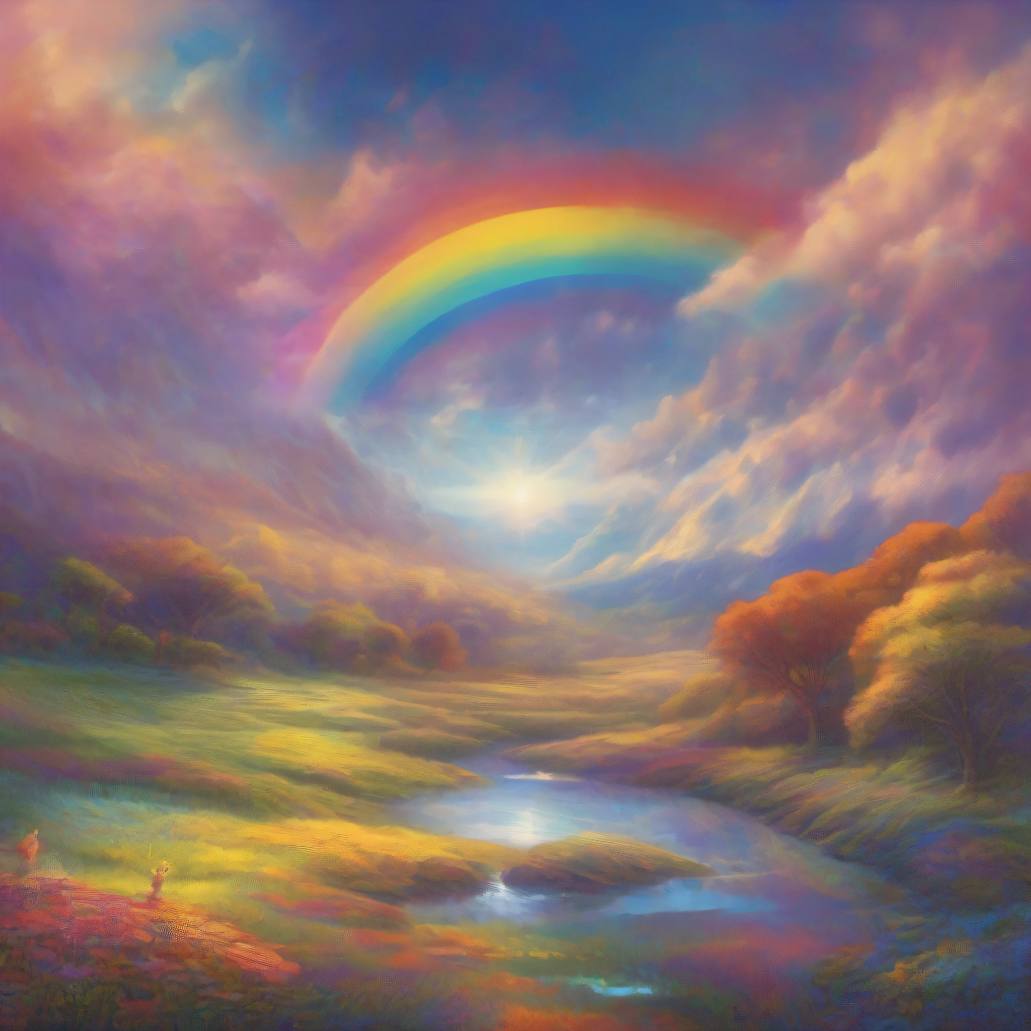 Radiant Resonance: A Meditative Rainbow Journey. A serene and vibrant landscape where light and consciousness intersect. As you gaze upon a majestic rainbow, allow its colors to resonate with your inner world, illuminating the depths of your being.