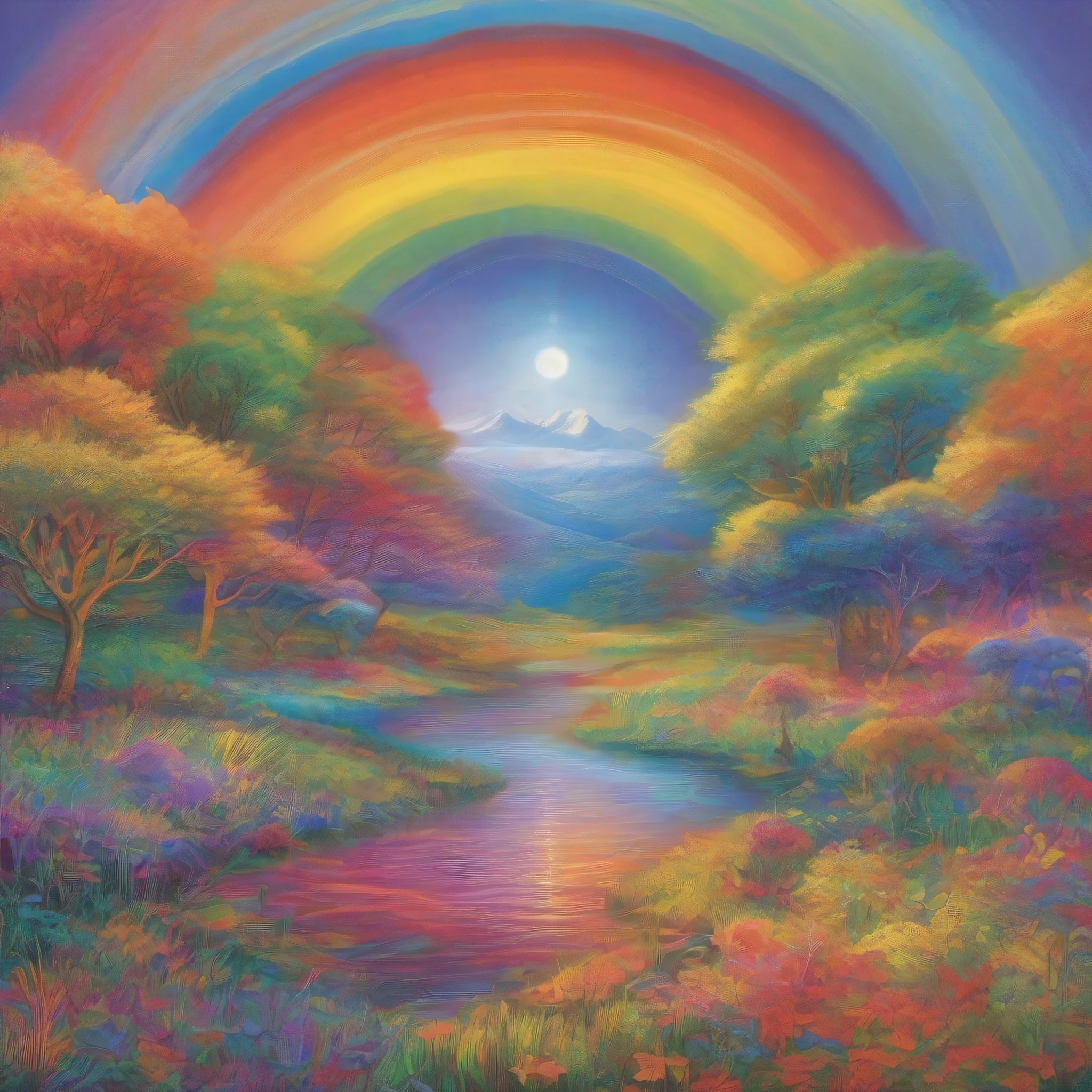 Radiant Resonance: A Meditative Rainbow Journey. A serene and vibrant landscape where light and consciousness intersect. As you gaze upon a majestic rainbow, allow its colors to resonate with your inner world, illuminating the depths of your being.