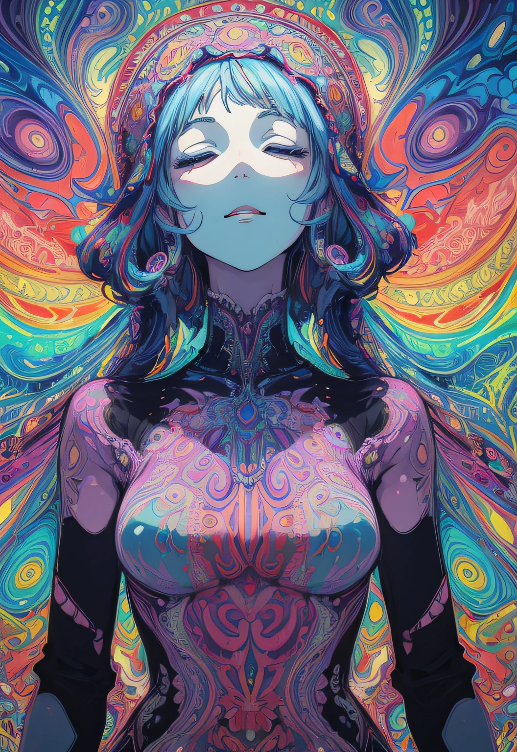 (psychedelic art:1.5), (from below:1.2), intricate dress, upper body, closed eyes,