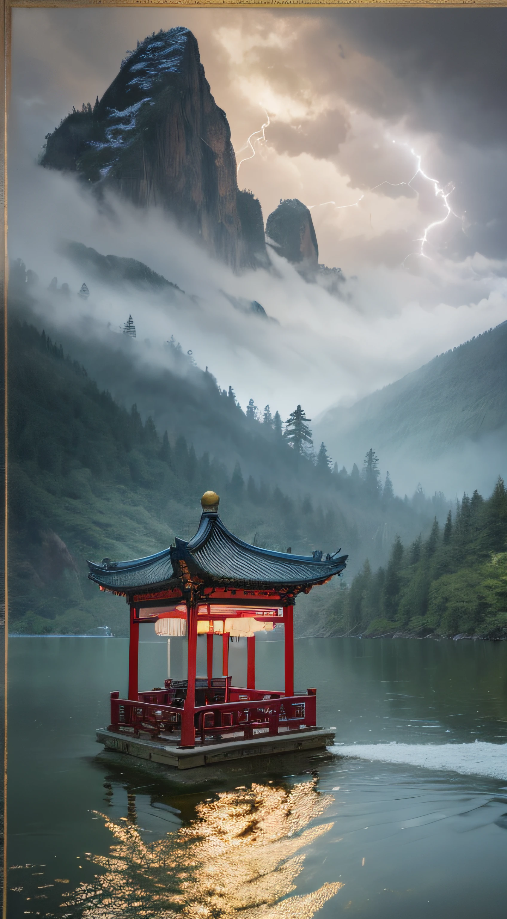 violent storm,dark stormy clouds,snow mountains,Chinese architecture,water,Lotus,High detail,lightand shade contrast,hyper HD,tmasterpiece,winning artwork,Best quality at best,A high resolution,16k