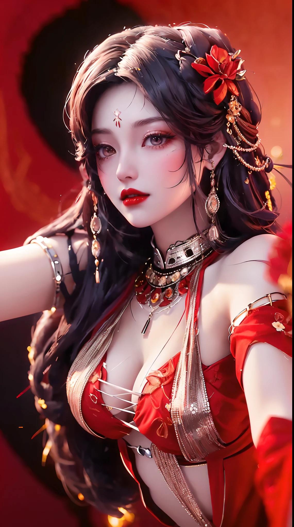 1 beautiful and sexy 20 year old girl, ((wearing a super thin red dress:1.8)), a dress with diamonds, ((long platinum hair:1.6)), bangs, jewelry elaborately made from precious stones and beautiful hair, ((wearing a black lace necklace:1.4))), the noble, noble style of an extremely beautiful girl, her small face is super cute, her face is very pretty, thin eyebrows, flawless beautiful face, ((black eye pupils: 0.8)), very beautiful eyes, ((black eyes: 1.5)), nice makeup and hair detailed eyelashes, steamy eye makeup, high nose, earrings, red lips, ((closed mouth: 1;5 )) beautiful lips, slim hands, most beautiful thighs, ((arms spread out to the sides: 1.5) ), rosy face, clean face, flawless beautiful face, smooth white skin, (big breasts: 1.5)), ((high breasts: 1.6) ), tight breasts, beautiful cleavage, (((big breasts and super round: 1.8))), ((super tight breasts: 1.7)) , beautiful breasts, back arms, chest out, thin black mesh stockings with black lace trim, 8k photo, super high quality, super realistic, super 10x pixels, optical, bright studio, bright edges, dual-tone lighting, (high-detail skin:1.2), super 8k, soft lighting, high quality, volumetric lighting, photorealistic, photorealistic high resolution, lighting, best photo, 4k, 8k quality, blur effect, smooth sharp, 10 x pixel, ((red flower background:1.7)), aurora, lightning, super graphics realistic, most realistic graphics, alone, solo, Extremely sharp image, surreal, girl's upper body, (((frontal portrait: 1.6)))."