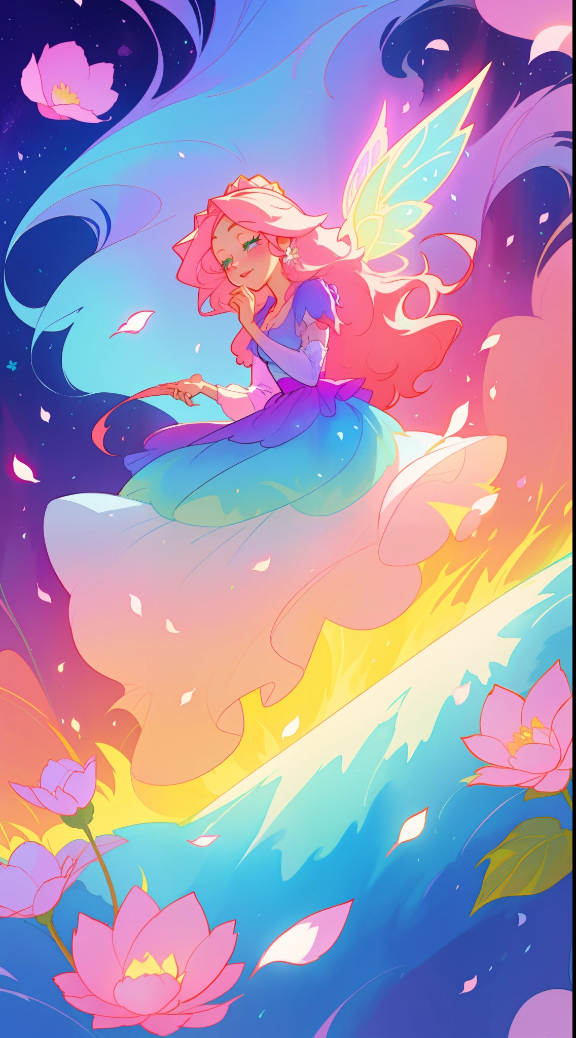 beautiful girl in flowing layered puff long sleeve ballgown, flower fairy in a dress made of flower petals, flowers and colorful plants, inspired by Glen Keane, inspired by Lois van Baarle, disney art style, by Lois van Baarle, glowing aura around her, by Glen Keane, jen bartel, glowing lights! digital painting, flowing glowing hair, glowing flowing hair, beautiful digital illustration, fantasia otherworldly landscape plants flowers, beautiful, masterpiece, best quality, anime disney style