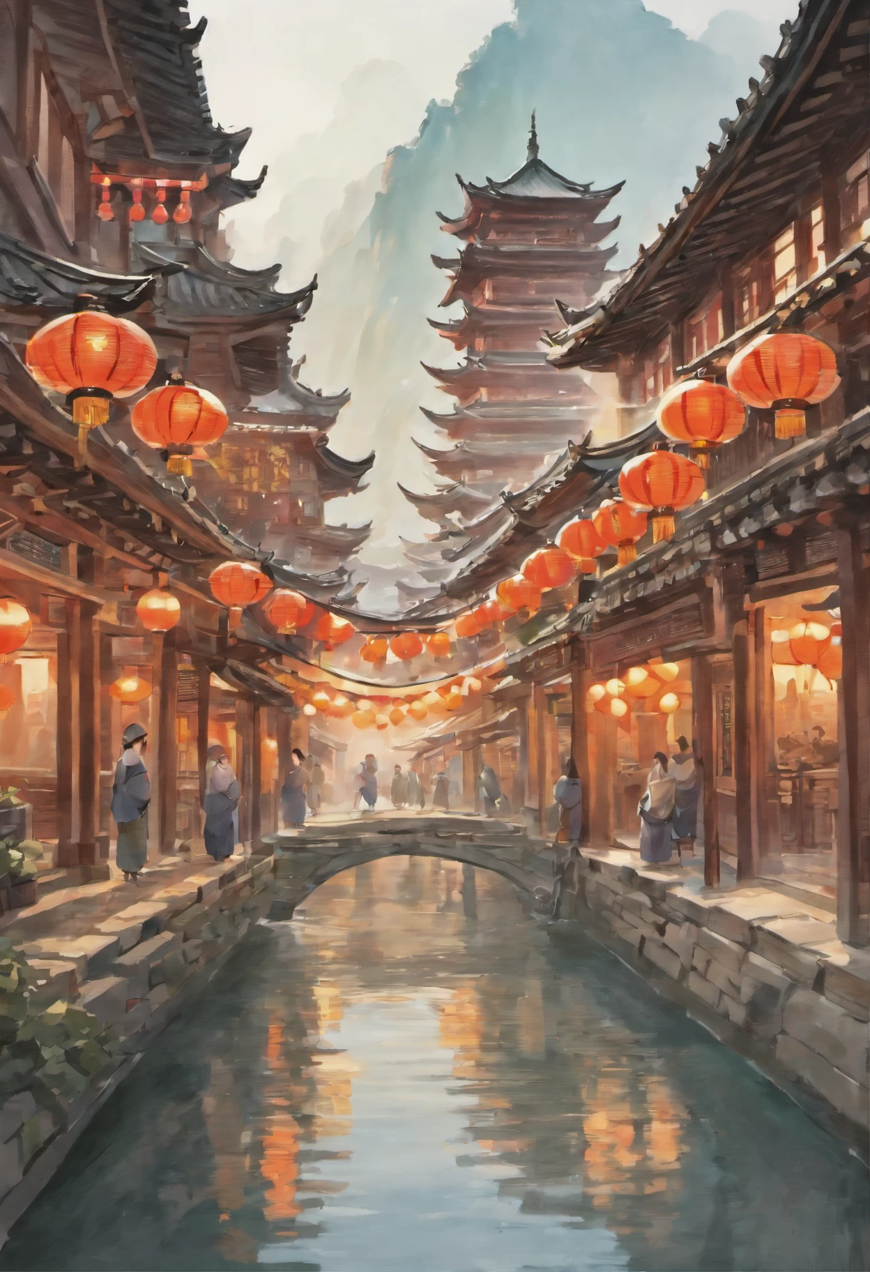 A masterpiece of Chinese landscape painting, depicting the famous "Qingming Shanghe Garden" in Kaifeng, China. The painting showcases the beauty of ancient Chinese architecture, with the prominent Gu Lou (Drum Tower) standing tall in the center. The scene is bustling with activity, as market stalls line the streets and people go about their daily lives.

The artist skillfully uses traditional ink and wash techniques to create a stunning visual effect. The ink flows gracefully, creating soft gradients and delicate textures. The painting captures the essence of the scene, with intricate details meticulously depicted. Every stroke is precise and accurate, showcasing the mastery of the artist.

The overall color palette is characterized by low saturation and contrast, creating a serene and tranquil atmosphere. The ink wash technique adds a hint of softness and a subtle smudged effect, giving the painting a dreamlike quality. The composition of the painting is carefully arranged, with a wide-angle perspective that encompasses the entire scene.

The lighting in the painting is natural and subtle, enhancing the overall ambiance of the artwork. It casts a gentle illumination on the architecture and the people, bringing the scene to life. The attention to detail and the exquisite portrayal of every element make this artwork a true masterpiece of Chinese painting.

(best quality, 4k, highres, masterpiece:1.2), ultra-detailed, (realistic, photorealistic:1.37), ink wash, Chinese landscape painting, Kaifeng, Qingming Shanghe Garden, ancient Chinese architecture, Gu Lou (Drum Tower), market stalls, meticulous detailing, wide-angle perspective, ink wash technique, low saturation, low contrast, stunning portrayal, precise, accurate strokes, grandmaster's creation