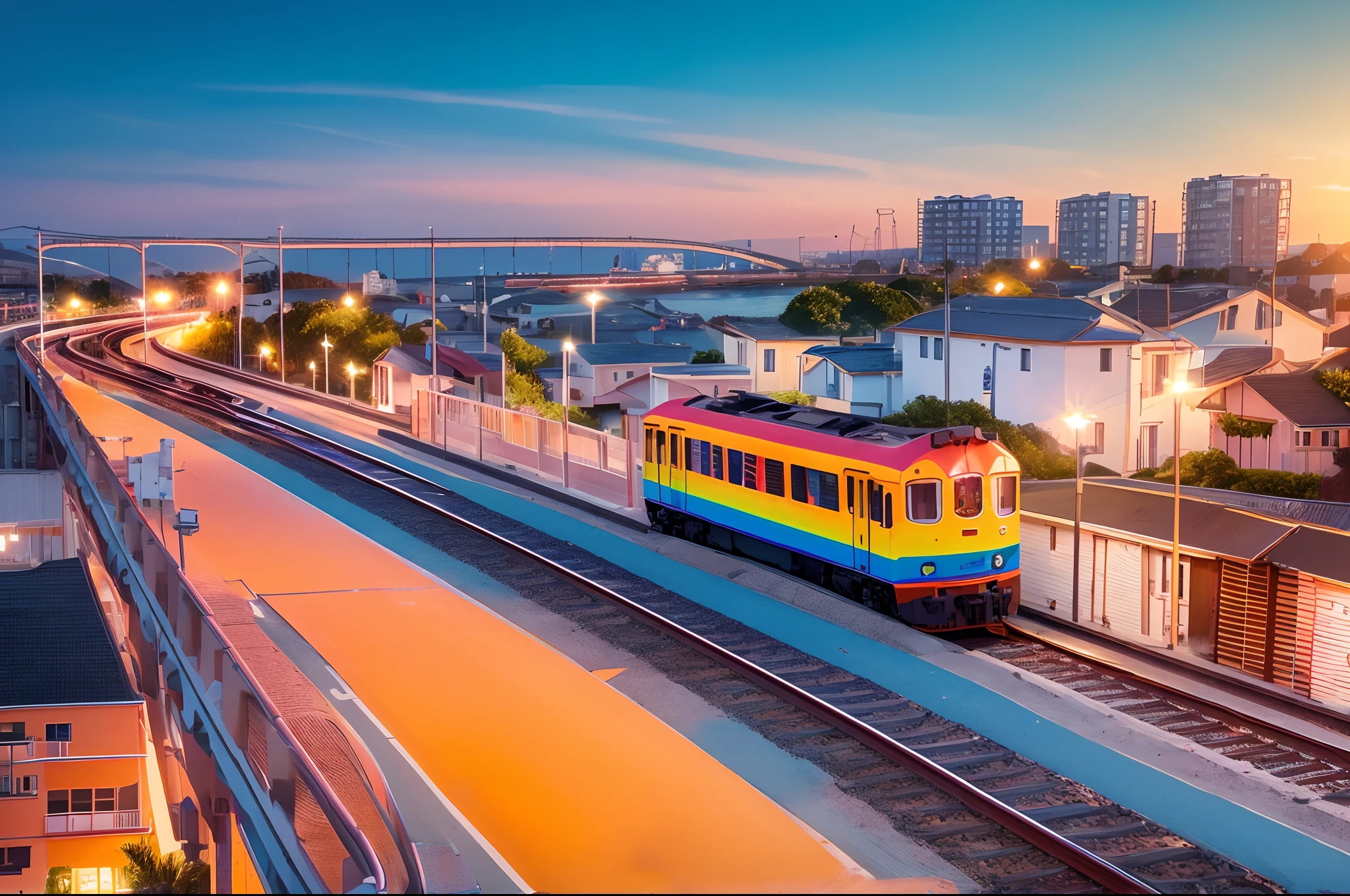 Close up of a bright train painted with a rainbow, traveling on tracks over a orange red bridge in a bay, futurist city coastal city, highly detailed, illuminated by natural light of sunset, high point of view, great angular, deep depht of field.