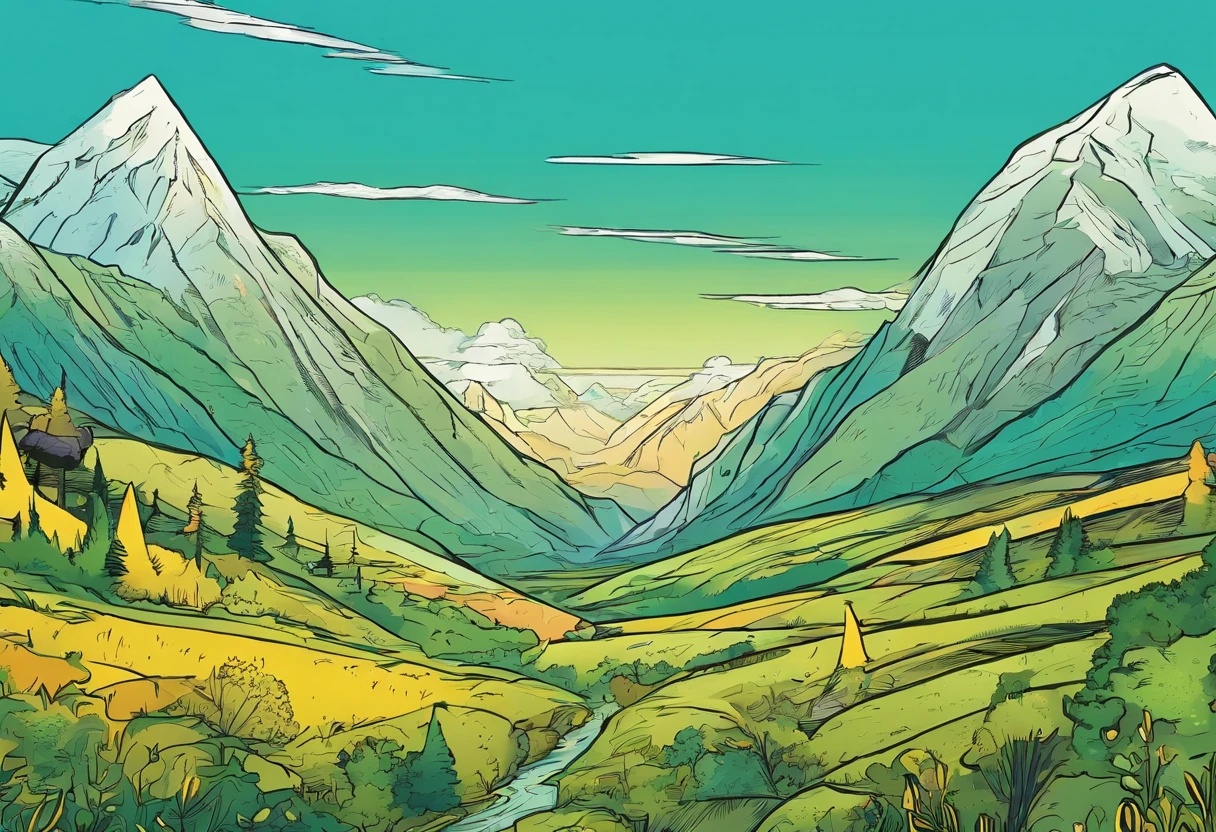 Mountains,Woods in the distance,Blue sky,clouds,green color,amarelo,Black lines