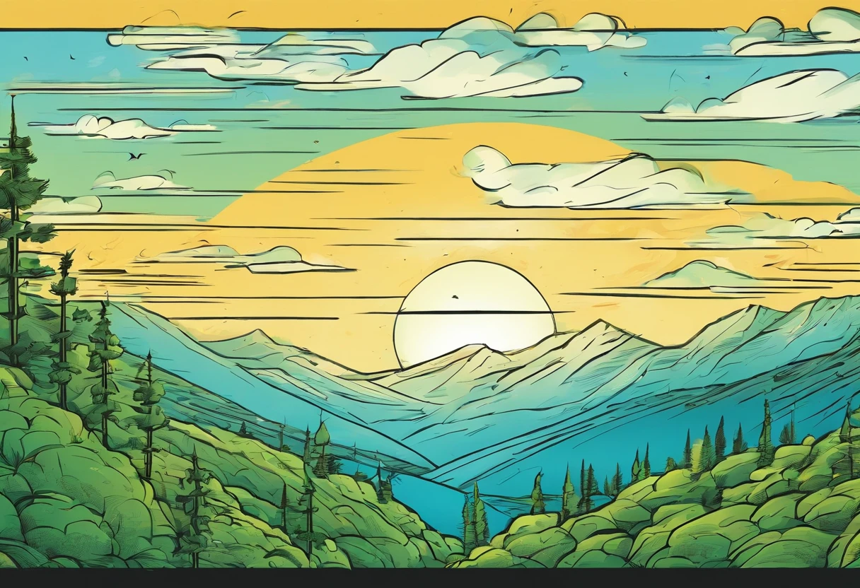 Mountains，Woods in the distance，Blue sky，​​clouds，green color，amarelo，Black lines