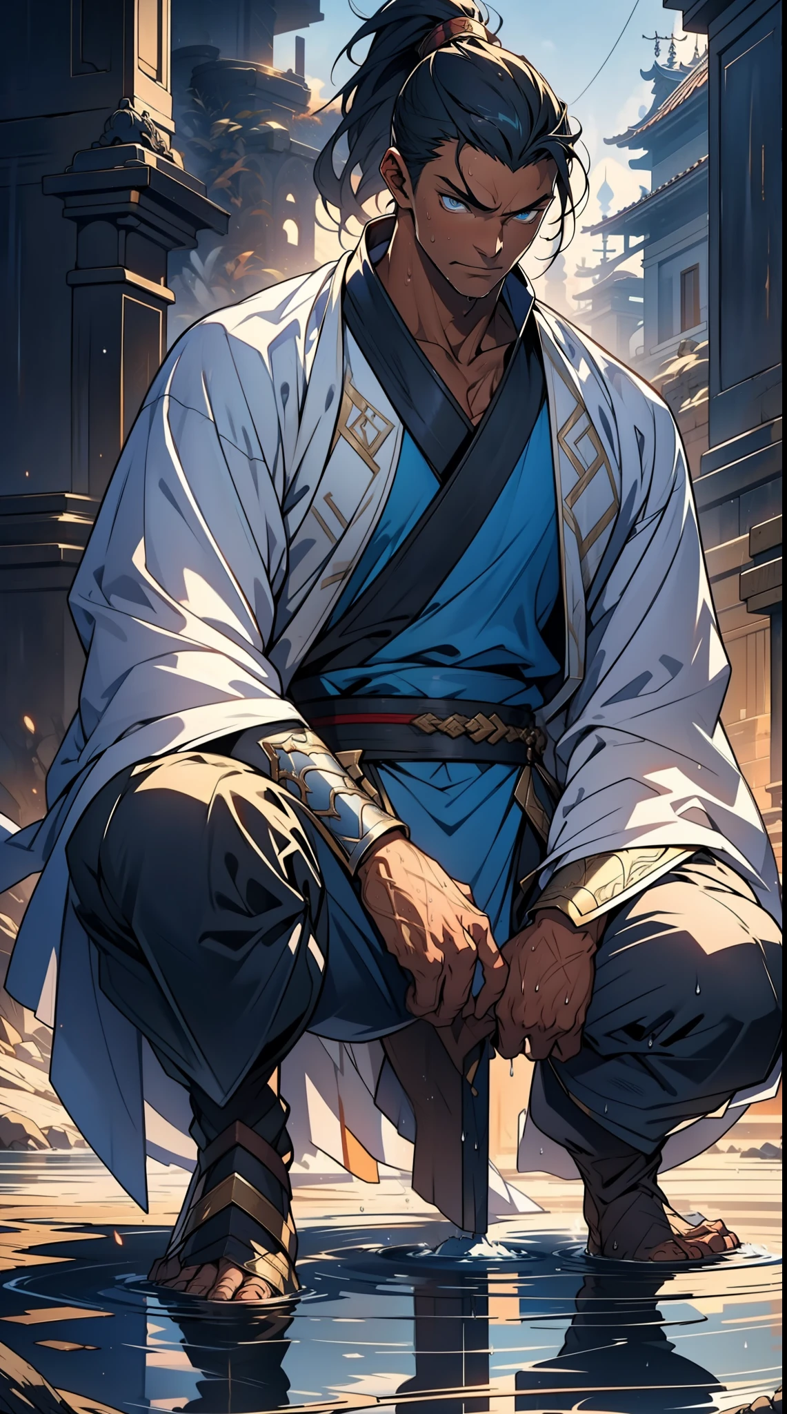 quadratic element，style of anime，mtu（Male Warrior），The proportions are correct，Face details，swordsmen，High ponytail hairstyle，Neck details，There is an Adam's apple，White robe，kaftan，long white robe，clothes details，Handing over，longer sleeves，Game quality，Swordsmanship，Light and shadow tracking，Ray traching，detailed glow，cg render，hair detail，cabelos preto e longos，blue colored eyes，Handsome，Handsome，（juvenile sense），Clothing is complicated，Perfectcomposition，Refinement，high qulity，higher details，Lots of details，The background is complex，a sense of atmosphere， 1 man，is shy，Pee on the legs，pissing，Urine runs down the thighs，embarressed，exhilarated，is shocked，panicking，worry，A small puddle of their own urine forms around the feet，full bodyesbian，kneels on the ground，Very eager to pee，It's uncomfortable，Wet yourself，Urine discharge， Sweaty crotch，Drenched，