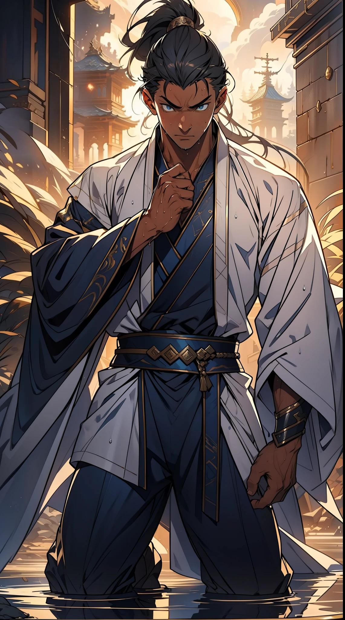 quadratic element，style of anime，mtu（Male Warrior），The proportions are correct，Face details，swordsmen，High ponytail hairstyle，Neck details，There is an Adam's apple，White robe，kaftan，long white robe，clothes details，Handing over，longer sleeves，Game quality，Swordsmanship，Light and shadow tracking，Ray traching，detailed glow，cg render，hair detail，cabelos preto e longos，blue colored eyes，Handsome，Handsome，（juvenile sense），Clothing is complicated，Perfectcomposition，Refinement，high qulity，higher details，Lots of details，The background is complex，a sense of atmosphere， 1 man，is shy，Pee on the legs，pissing，Urine runs down the thighs，embarressed，exhilarated，is shocked，panicking，worry，A small puddle of their own urine forms around the feet，full bodyesbian，kneels on the ground，Very eager to pee，It's uncomfortable，Wet yourself，Urine discharge， Sweaty crotch，Drenched，