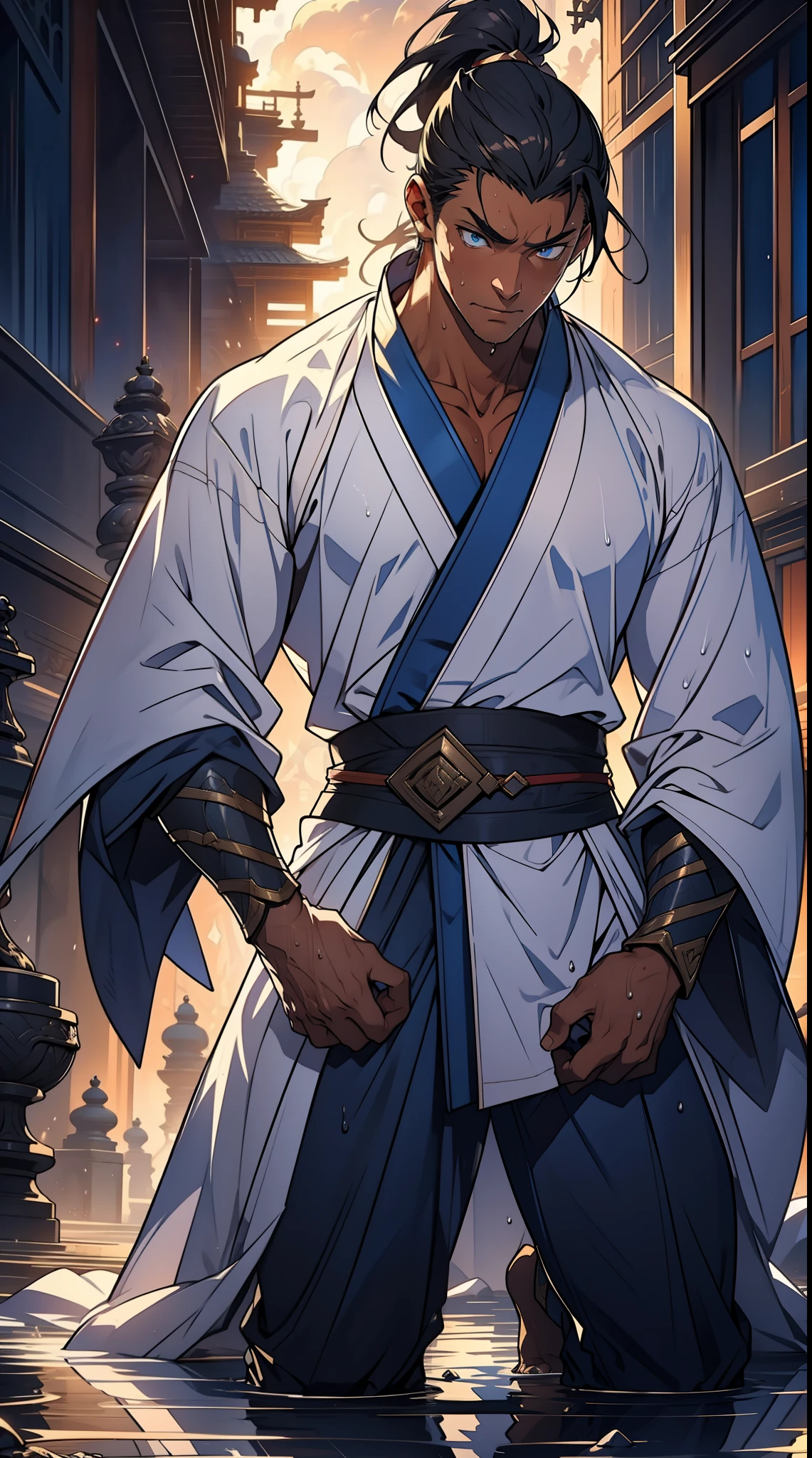 quadratic element,style of anime,mtu(Male Warrior),The proportions are correct,Face details,swordsmen,High ponytail hairstyle,Neck details,There is an Adam's apple,White robe,kaftan,long white robe,clothes details,Handing over,longer sleeves,Game quality,Swordsmanship,Light and shadow tracking,Ray traching,detailed glow,cg render,hair detail,cabelos preto e longos,blue colored eyes,Handsome,Handsome,(juvenile sense),Clothing is complicated,Perfectcomposition,Refinement,high qulity,higher details,Lots of details,The background is complex,a sense of atmosphere, 1 man,is shy,Pee on the legs,pissing,Urine runs down the thighs,embarressed,exhilarated,is shocked,panicking,worry,A small puddle of their own urine forms around the feet,full bodyesbian,kneels on the ground,Very eager to pee,It's uncomfortable,Wet yourself,Urine discharge, Sweaty crotch,Drenched,