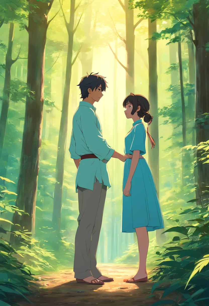 Mesmerizing princess and a handsome man looking at each other in forest, puranic times