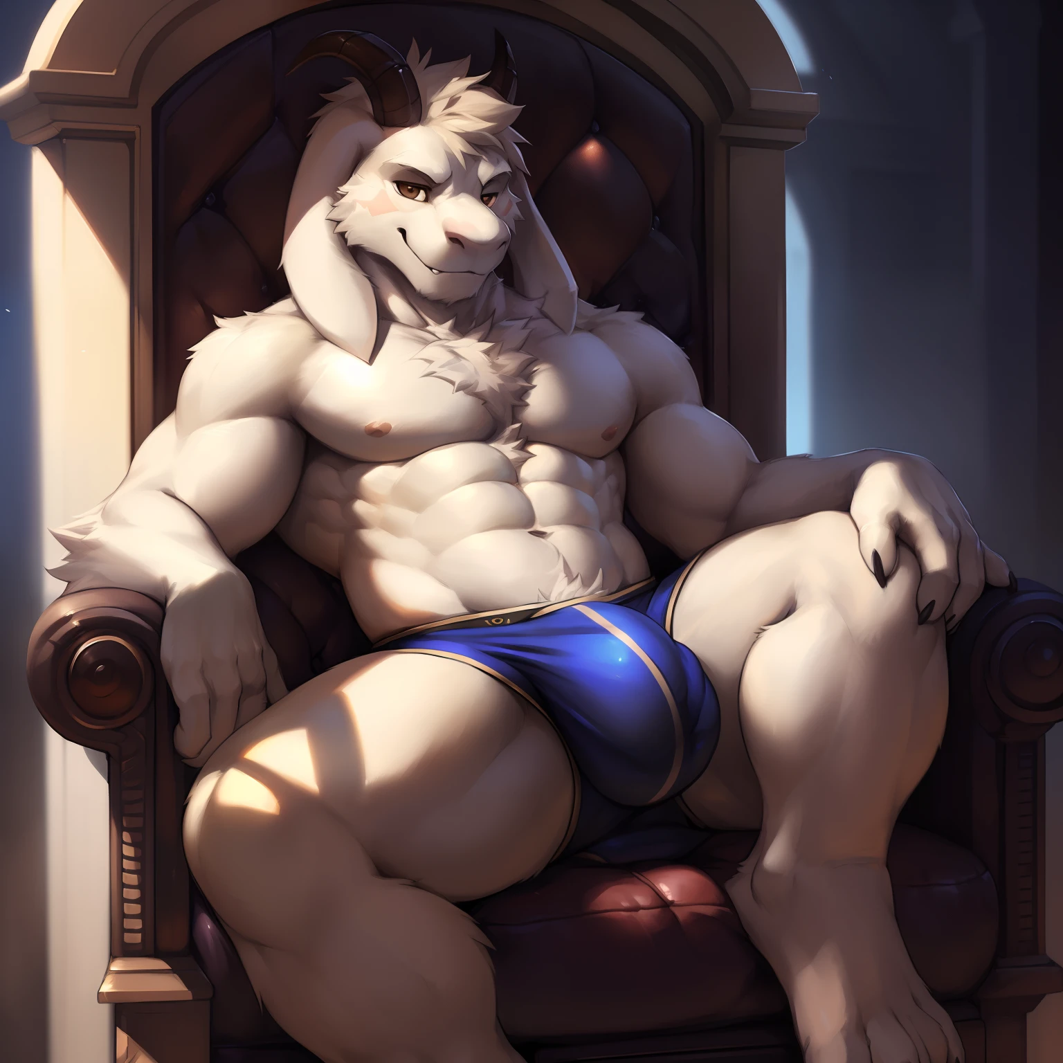 Male, (((solo))) character, Asriel Dreemurr God form, Male focus, 8k wuality, ultra realistic, 3d render, digital art, beautiful Asriel Dreemurr God Form, kenket, Ross Tran,ruan jia, uploaded to e621, zaush, foxovh, cenematic lighting, (((confident, seductive))), (((whole body showed))), (((detailed brown eyes))), (((correct position))), (((loving eyes))), (((full in love))), (((seductive))), (((seduction))), (((sexy))), (((full body commission))), (((solo))), (((full body commission))), (((sit on))) throne, (((big bulge))), (((laps invitation))), (((feets))), nsfw, questionable
