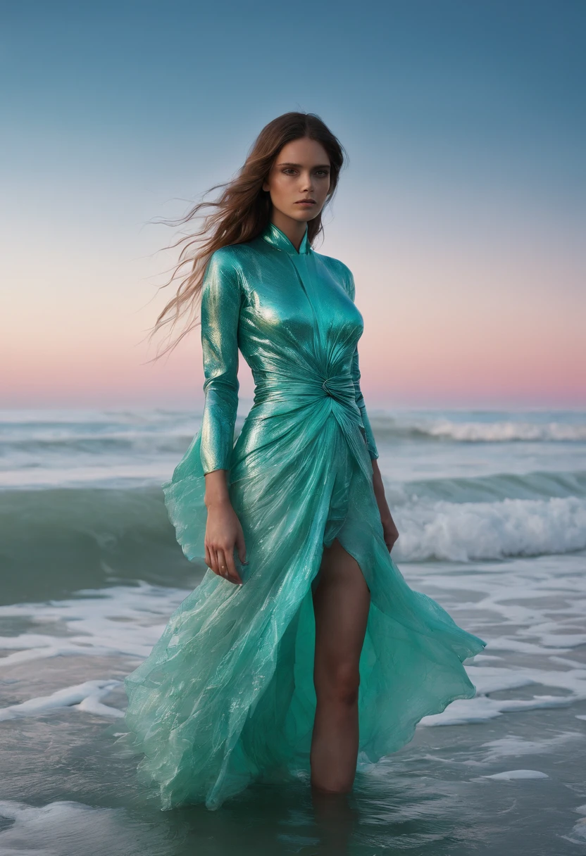 "Bioluminescent Serenity" - Sally Mann, Edward Weston, cinematic photo, beach, wetsuit, neon material, bioluminescent algae, surfboard, holographic waves, 35mm photograph, bokeh, professional, 4k, highly detailed, luminous, tranquil, intimate, enchanting, natural beauty, poetic.