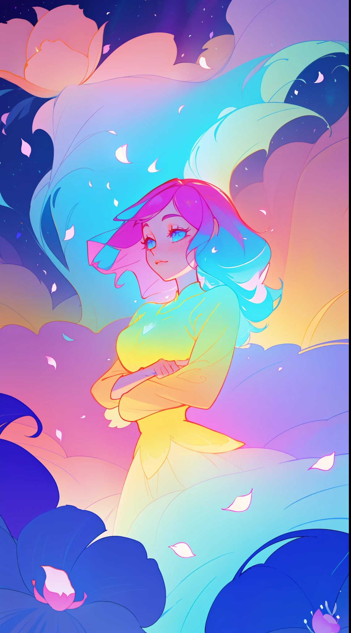 beautiful girl in flowing layered puff long sleeve ballgown, flower fairy in a dress made of flower petals, flowers and colorful plants, inspired by Glen Keane, inspired by Lois van Baarle, disney art style, by Lois van Baarle, glowing aura around her, by Glen Keane, jen bartel, glowing lights! digital painting, flowing glowing hair, glowing flowing hair, beautiful digital illustration, fantasia otherworldly landscape plants flowers, beautiful, masterpiece, best quality, anime disney style
