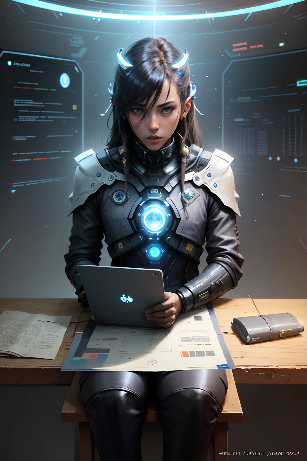 Imagem de um homem em um traje espacial sentado em uma cadeira com um laptop, futurismo, Fantasia futuristaa, cartaz futuristaa, futurista, futuristic science fiction, astronauta futuristaa, # fututista, Futuristic, The image is futuristic, futuristic science fiction, Futuristic style, futuristic science fiction, Composition by and futuristaa