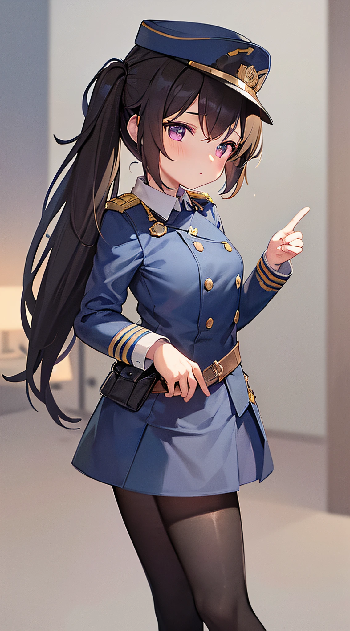 1girl, young girl, solo, a drawing of a young female military officer, (((loli))), ((short height)), breasts, (((waist-length long brown hair))), ((side parted front hair)), ((purple eyes)), shy expression, ((ahoge)), (((((black and dark blue military officer uniform))))), ((military uniform decorations)), ((((white colour background)))), (((no lighting))), no gradient background, (standing upright), (looking towards viewer), sci-fi, futuristic