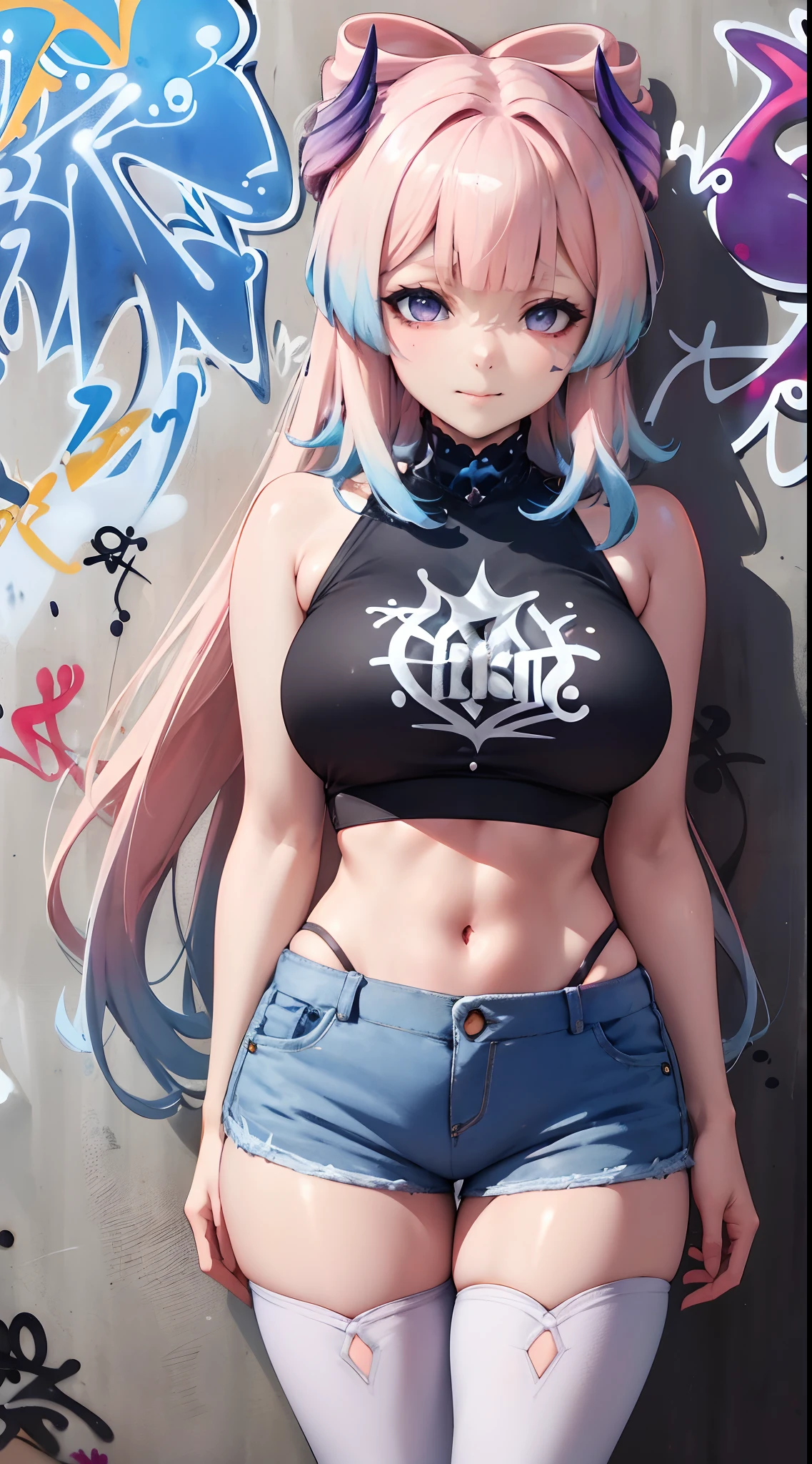 Sangonomiya Kokomi|genshin impact, master-piece, bestquality, 1girls,25 years old, shorts jeans, oversized breasts, ,bara, crop top, shorts jeans, choker, (Graffiti:1.5), Splash with purple lightning pattern., arm behind back, against wall, View viewers from the front., Thigh strap, Head tilt, bored, water eyes,