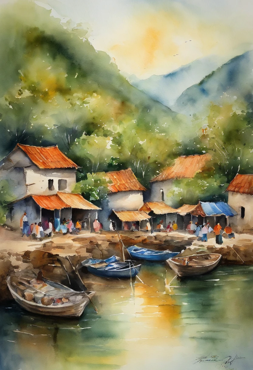 Draw a watercolor picture of Chay village in Da Nang, with people selling fish, trees, boats, and rivers.
