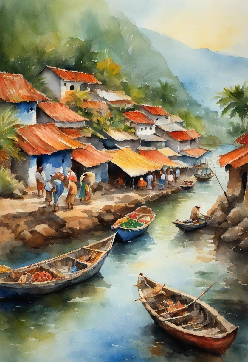 Draw a watercolor picture of Chay village in Da Nang, with people selling fish, trees, boats, and rivers.