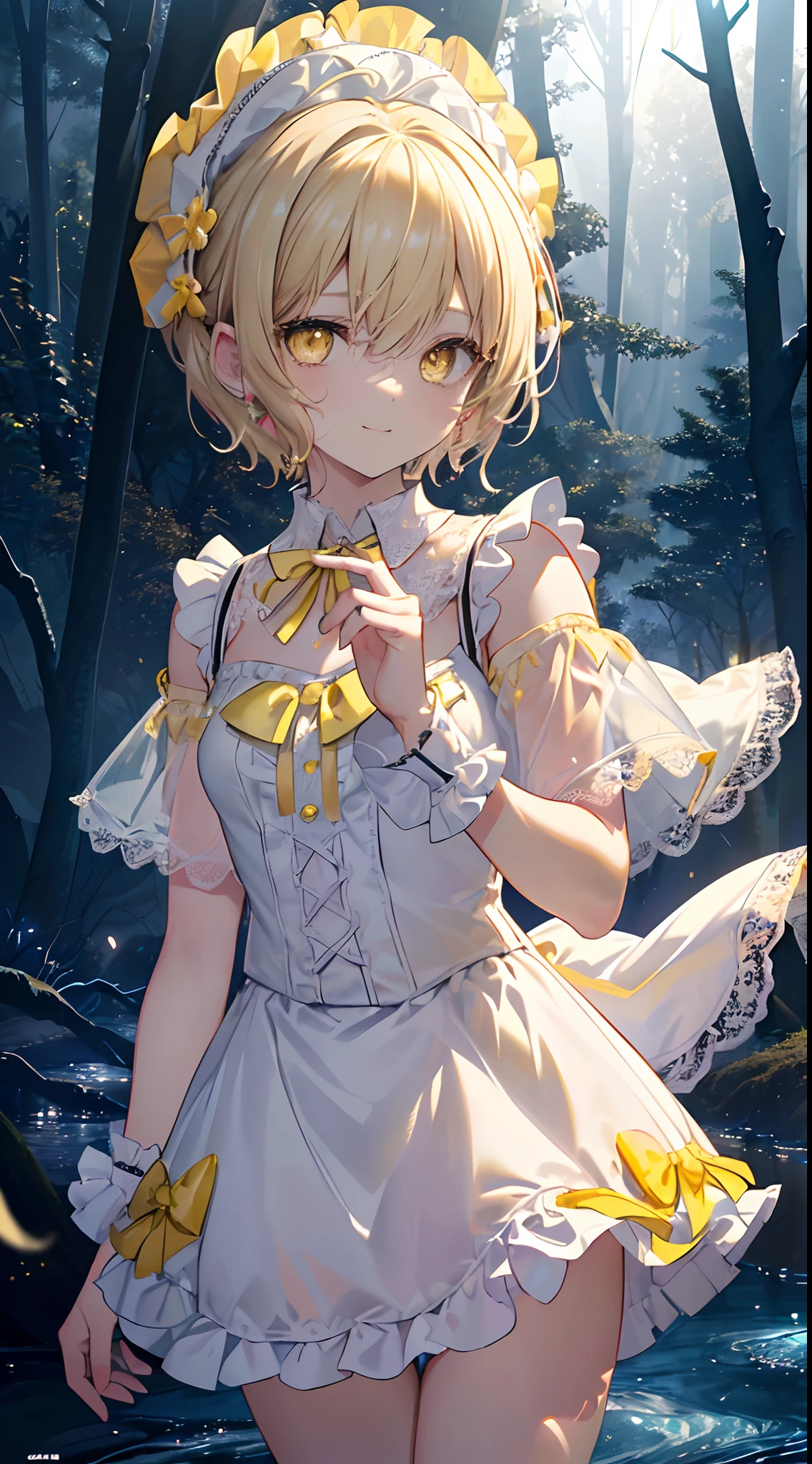 Idol、​masterpiece、top-quality、Beautiful expression、absurderes、nffsw、(cowboy  shot、White Ruffled Lace Mini Dress、White collar、White ruffle cuff、Particle:1.5)、(bloom、Glow:1.4)、(A smile)、(Blonde short、yellow  eyes:1.7)、foco nítido、Photorealsitic、hight resolution、highestdetailed、ultra-detailliert、detailed faces and eyes、Sharp pupils、Realistic pupils、foco nítido、 shinny skin、Black corset、(dark  forest、a river、dark backgrounds:1.5)、Rim lighting、Dynamic, Cinematic lighting、(((tucking up the skirt:1.3)))、(((White panties are visible)))、
