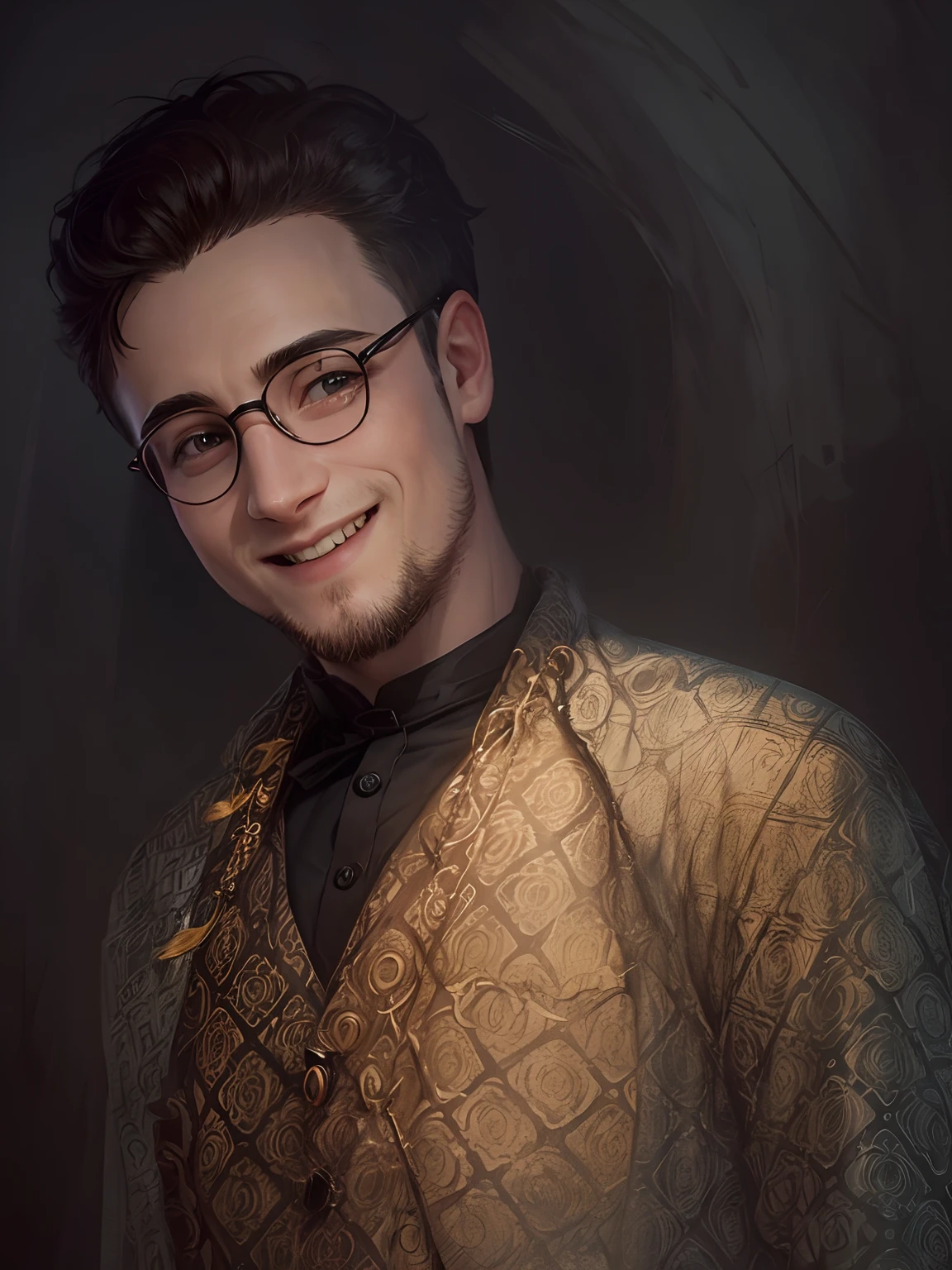 Herry potter look with a beautiful smile in a dark nature