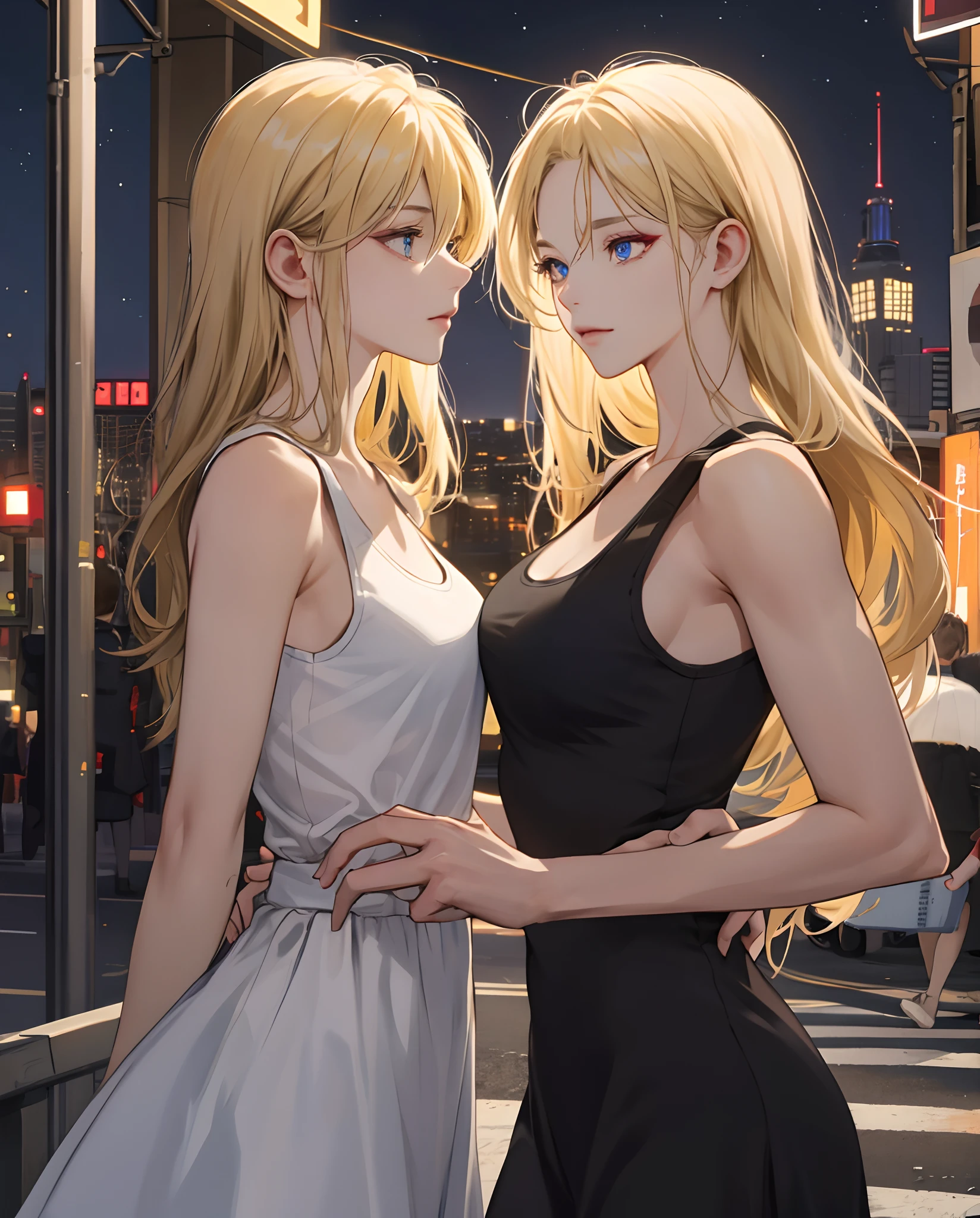 ((Best quality, 8K, Masterpiece: 1.3)), full bodyesbian, Focus sharp: 1.2, Outstanding aesthetics: 1.4, Slender abs: 1.2, (((Blonde, : 1.2)), Tank top dress: 1.1, (Night City, street: 1.1), Highly detailed face and skin texture, Detailed eyes, Double eyelids