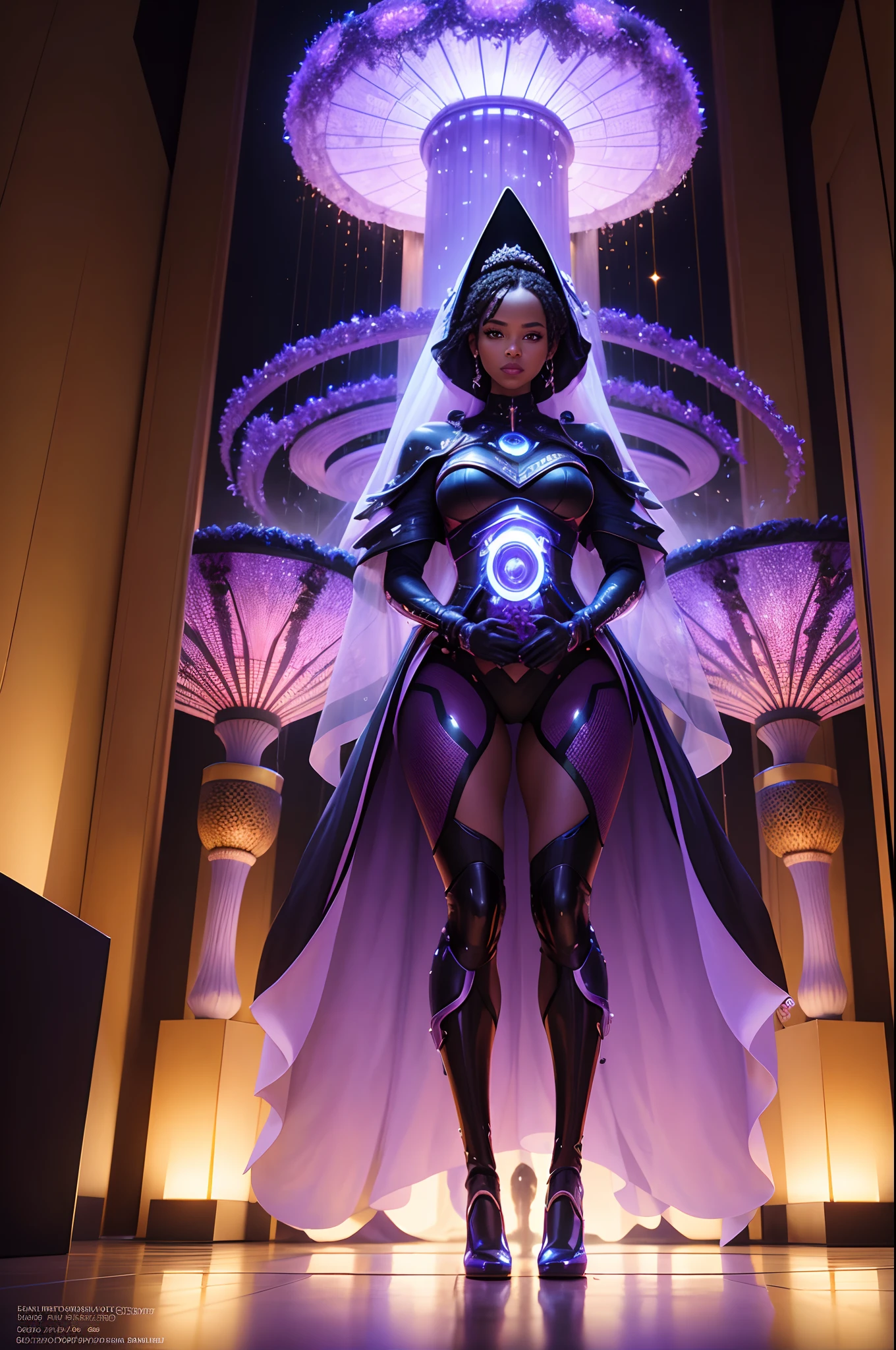 Generate a stunning art style, a true [masterpiece] of art. The image showcases [detailed linework], [dynamic shading], and [dramatic lighting], bringing to life a relaxing atmosphere. full body view, (dark-skinned female:1.5) 1girl, seductive ,large breasts, thick thighs, glasses, black gloves, skindentation,  white veil,
