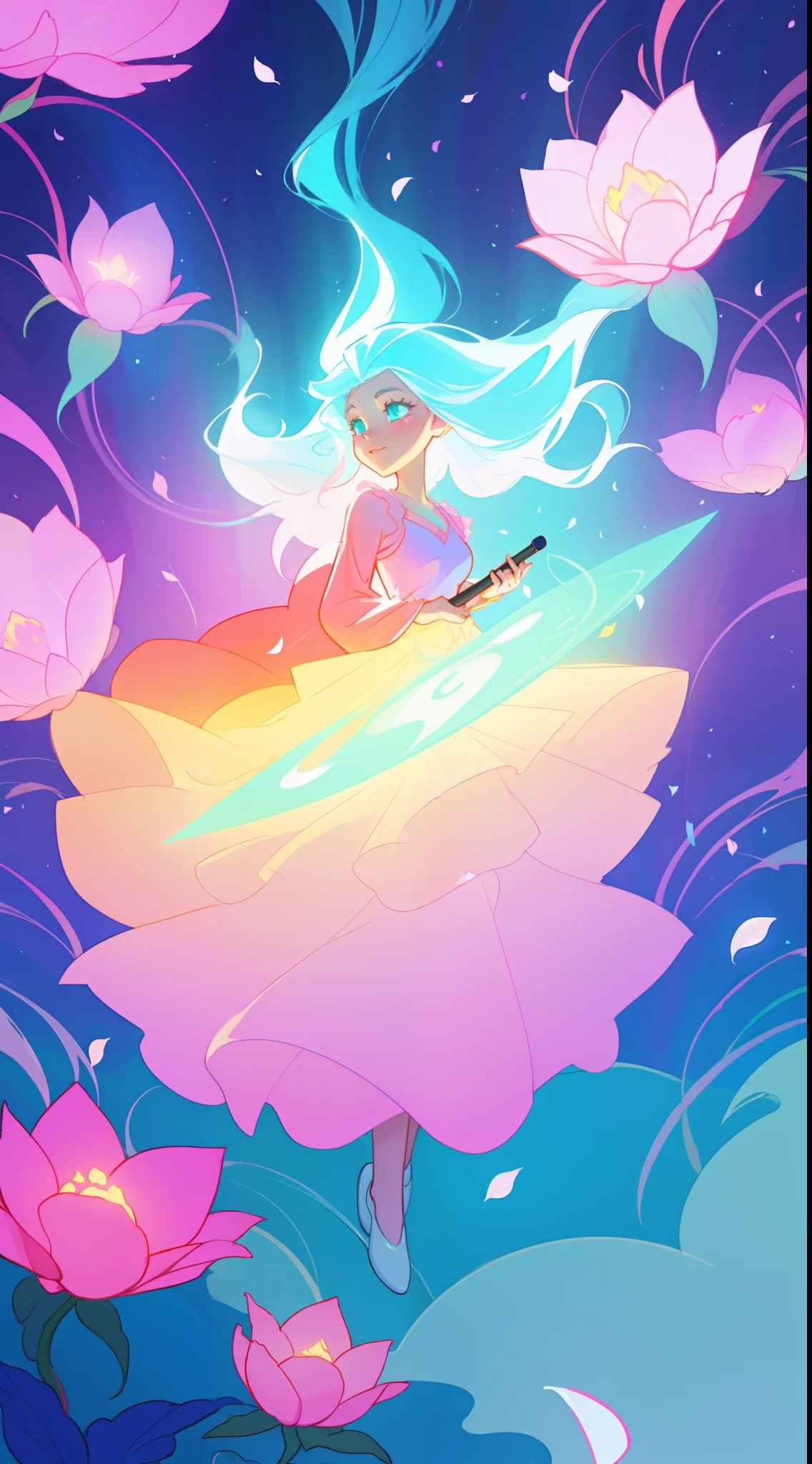 beautiful girl in flowing layered puff long sleeve ballgown, flower fairy in a dress made of flower petals, flowers and colorful plants, inspired by Glen Keane, inspired by Lois van Baarle, disney art style, by Lois van Baarle, glowing aura around her, by Glen Keane, jen bartel, glowing lights! digital painting, flowing glowing hair, glowing flowing hair, beautiful digital illustration, fantasia otherworldly landscape plants flowers, beautiful, masterpiece, best quality, anime disney style
