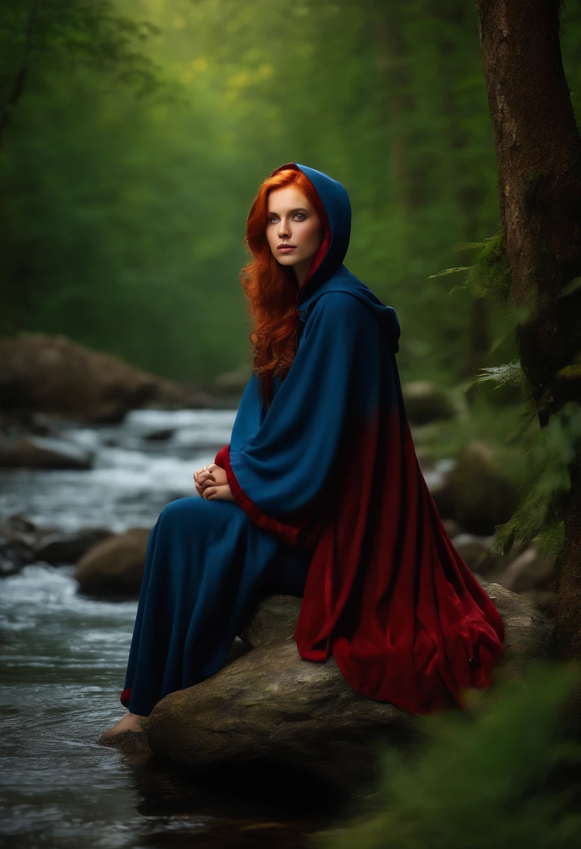 8K, Best quality, (Photorealistic:1.4), RAW photo, 1girll, Red hair, Animal ears, Blue hooded cape, ears sticking out, Pose: Sitting on the rocks of the forest river, Yellow eyes,  -
