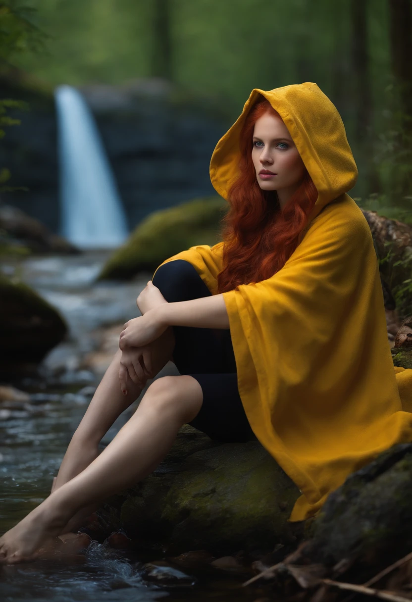 8K, Best quality, (Photorealistic:1.4), RAW photo, 1girll, Red hair, Animal ears, Blue hooded cape, ears sticking out, Pose: Sitting on the rocks of the forest river, Yellow eyes,  -