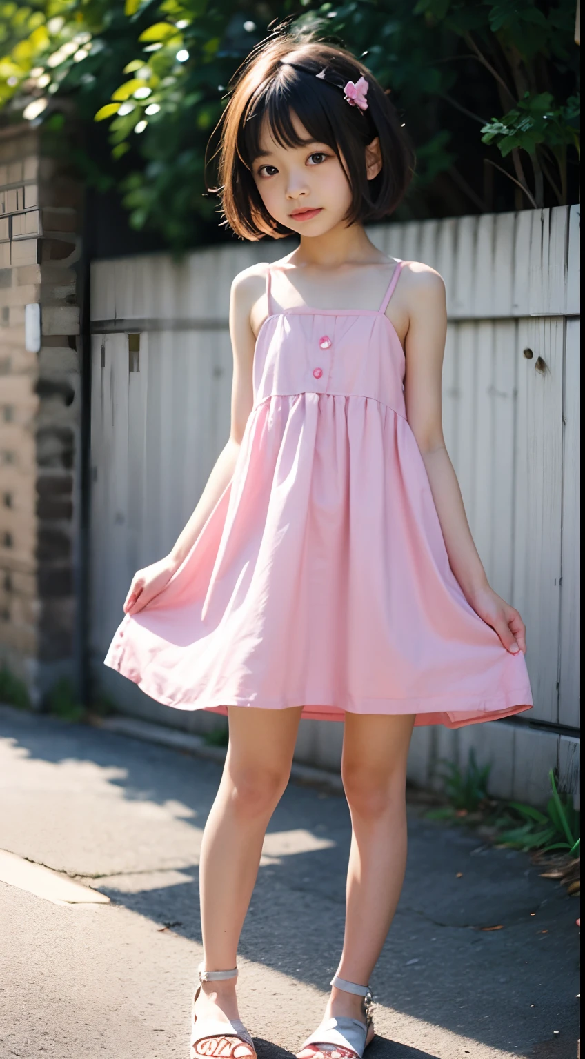 li, lo face, loli body, flat chest, standing, full body, short hair, short dress, pink summer dress, pink dress, pink nighty gown