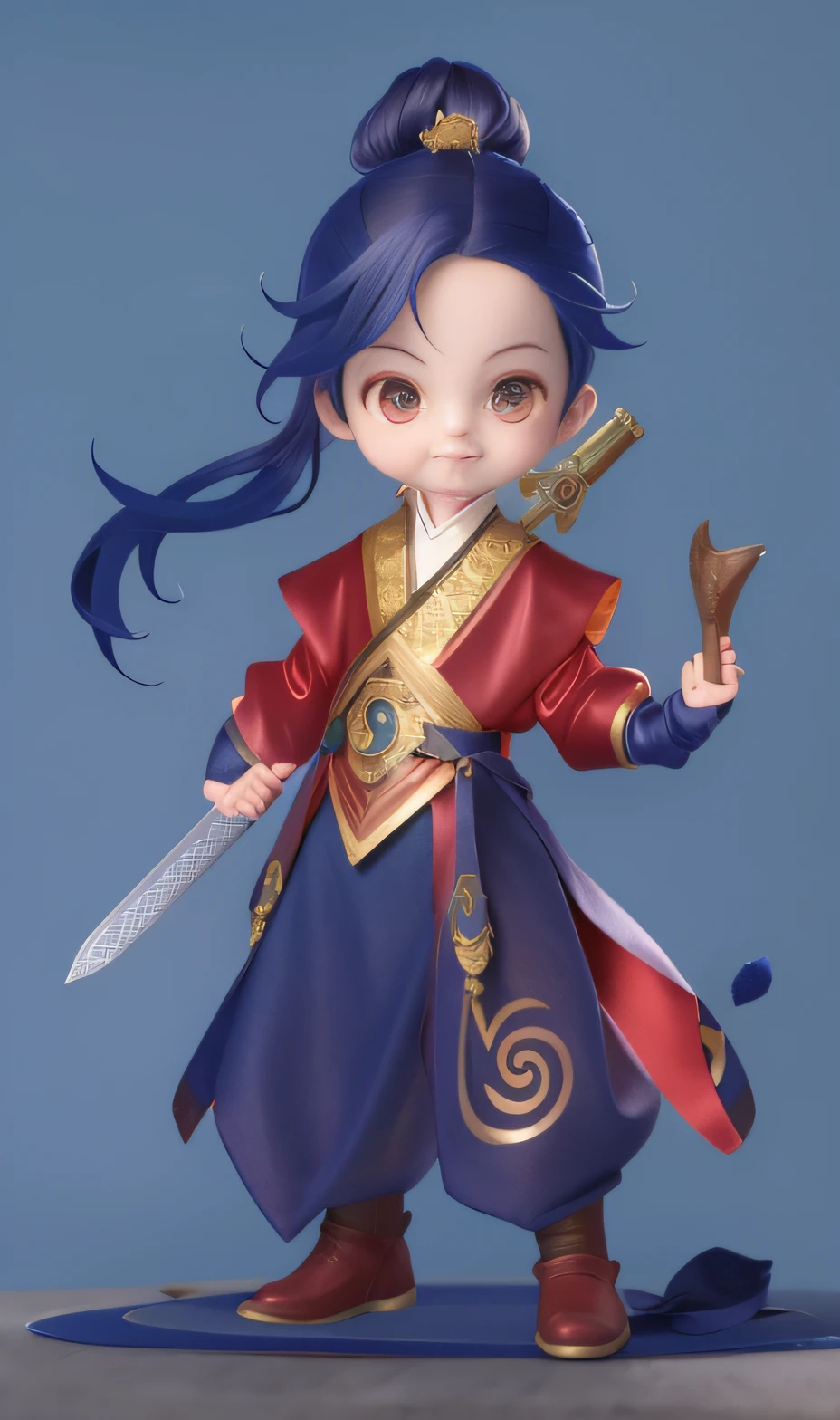 a drawing,A boy dressed in dark blue holds a mahogany sword, The costume has a gossip pattern on the chest,The saber has a gossip motif,