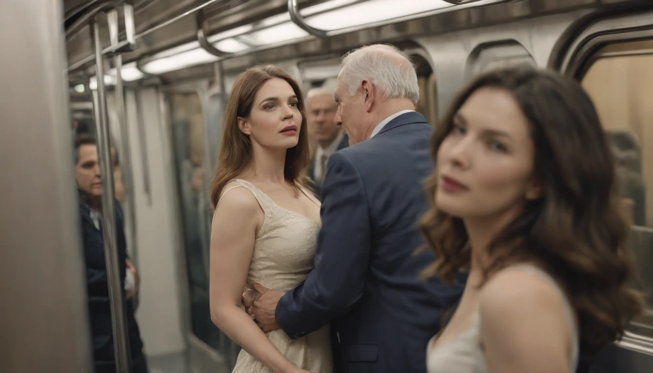 SFW, realistic, masterpiece, (VERY crowded subway train interior detailed scenario), (VERY crowded subway train interior detailed background), standing insanely hot (woman 1) using sexy ((mini dress)), (((lifted dress)), ((big ass)), ((thick thigths)), ((3/4 white stockings)), (fear expression), blushed face, old small man ass groping woman 1 from behind,(((old man pressing his chest on woman 1 back))) and (((holding her waist behind her)))