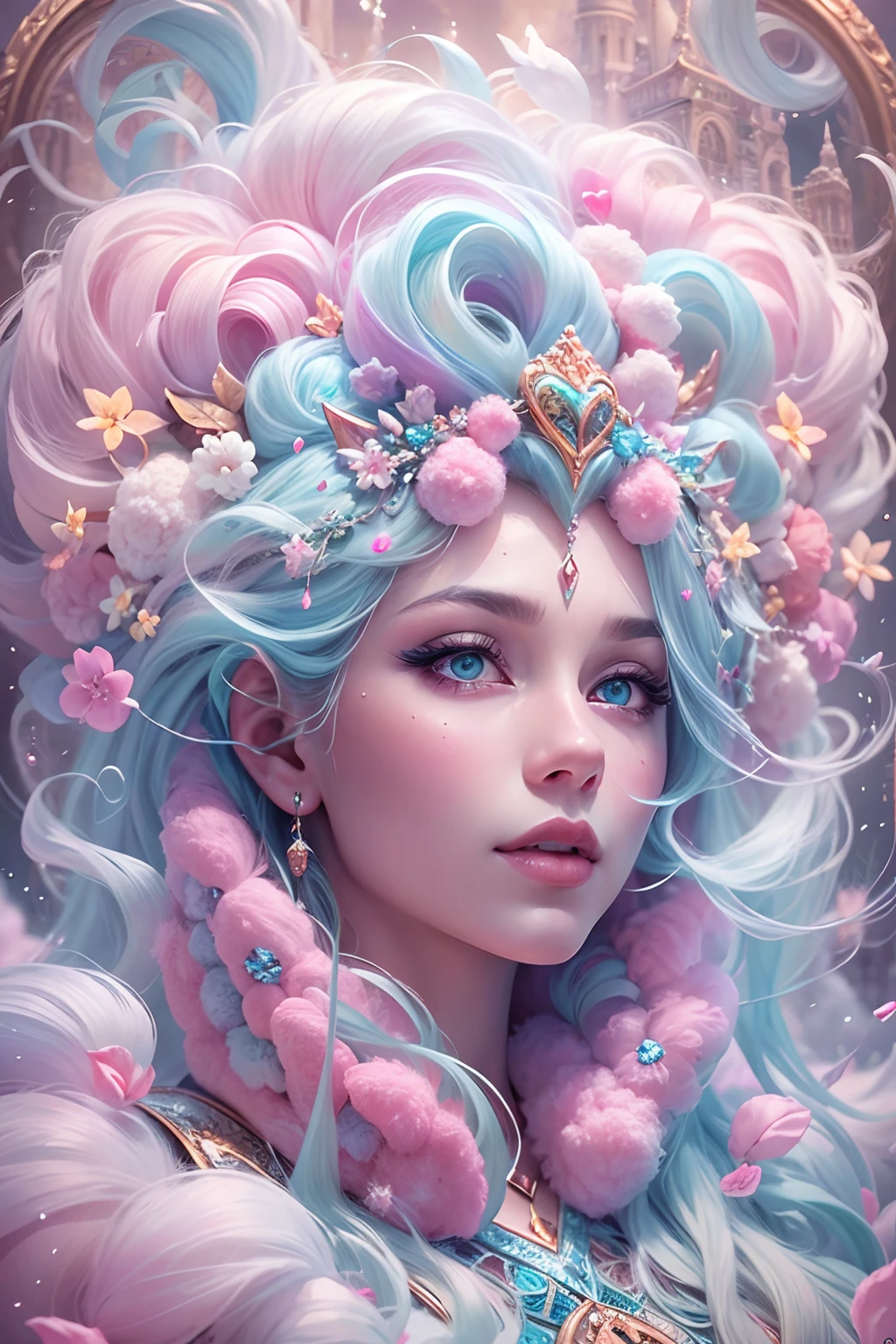 Cotton Candy Queen Women Goddess 8k Resolution Rendered Hyper Realistic Intricate Detail lives in an frosty heart shaped ice bubble, a fanciful place filled with castles, cotton candy, swans lakes and fluffy clouds, An intricate visual representation of computer programing, rendered in 24k resolution with intricate details and symbols.