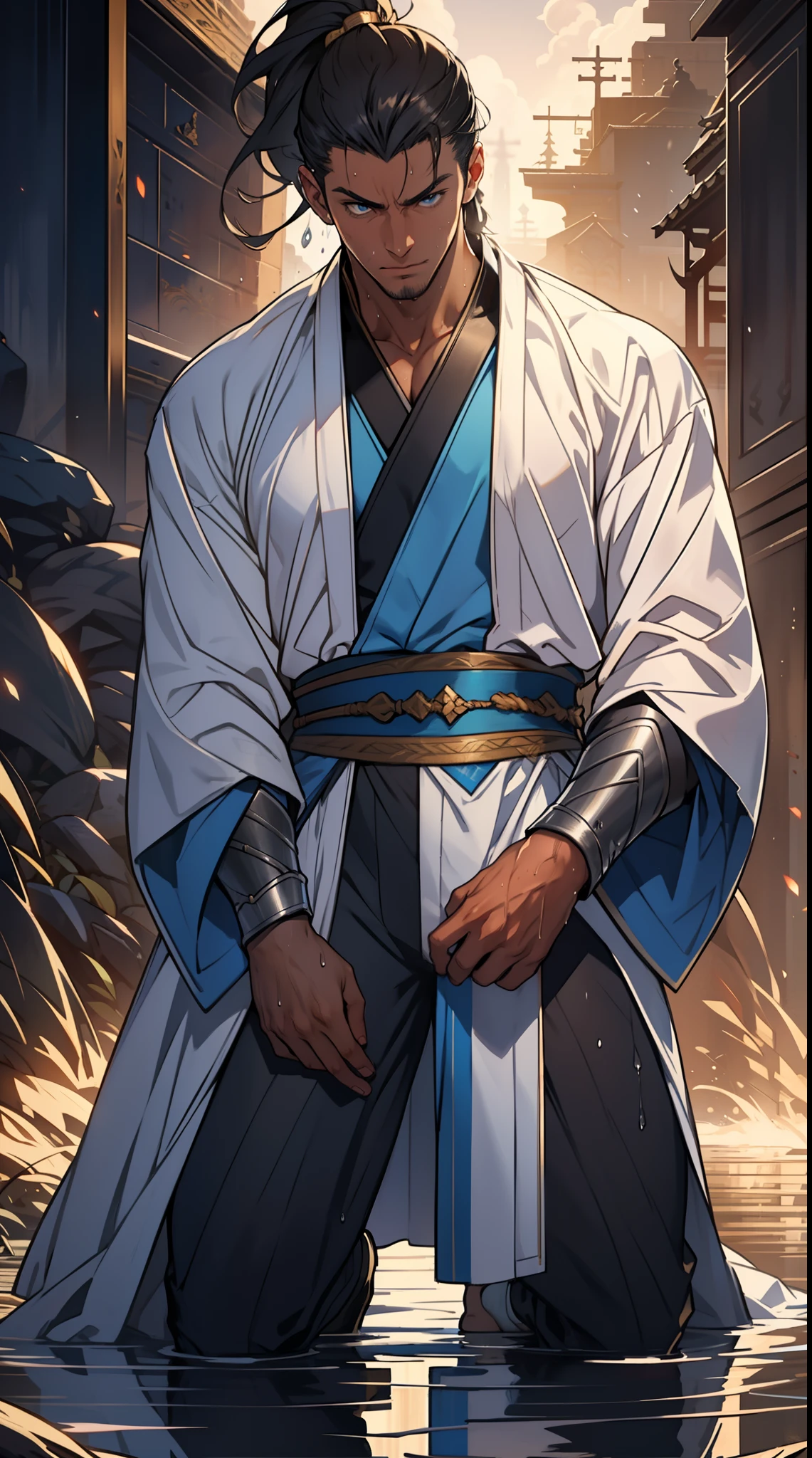 quadratic element,style of anime,mtu(Male Warrior),The proportions are correct,Face details,swordsmen,High ponytail hairstyle,Neck details,There is an Adam's apple,White robe,kaftan,long white robe,clothes details,Handing over,longer sleeves,Game quality,Swordsmanship,Light and shadow tracking,Ray traching,detailed glow,cg render,hair detail,cabelos preto e longos,blue colored eyes,Handsome,Handsome,(juvenile sense),Clothing is complicated,Perfectcomposition,Refinement,high qulity,higher details,Lots of details,The background is complex,a sense of atmosphere, 1 man,is shy,Pee on the legs,pissing,Urine runs down the thighs,embarressed,exhilarated,is shocked,panicking,worry,A small puddle of their own urine forms around the feet,full bodyesbian,kneels on the ground,Very eager to pee,It's uncomfortable,Wet yourself,Urine discharge, Sweaty crotch,Drenched,