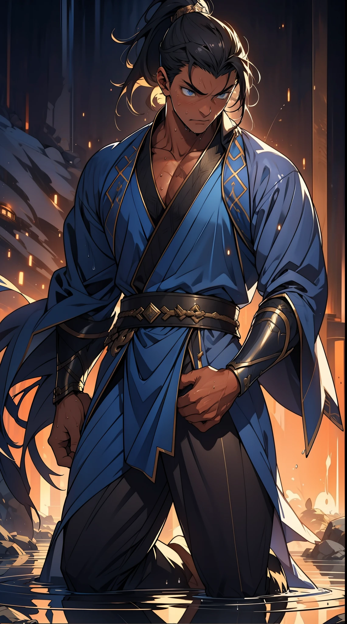 quadratic element,style of anime,mtu(Male Warrior),The proportions are correct,Face details,swordsmen,High ponytail hairstyle,Neck details,There is an Adam's apple,Blue suit,kaftan,long blue robes,clothes details,Handing over,longer sleeves,Game quality,Swordsmanship,Light and shadow tracking,Ray traching,detailed glow,cg render,hair detail,Black long hair,blue colored eyes,Handsome,Handsome,(juvenile sense),Clothing is complicated,Perfectcomposition,Refinement,high qulity,higher details,Lots of details,The background is complex,a sense of atmosphere, 1 man,is shy,Pee on the legs,pissing,Urine runs down the thighs,embarressed,exhilarated,is shocked,panicking,worry,A small puddle of their own urine forms around the feet,full bodyesbian,kneels on the ground,Very eager to pee,It's uncomfortable,Wet yourself,Urine discharge, Sweaty crotch,Drenched,