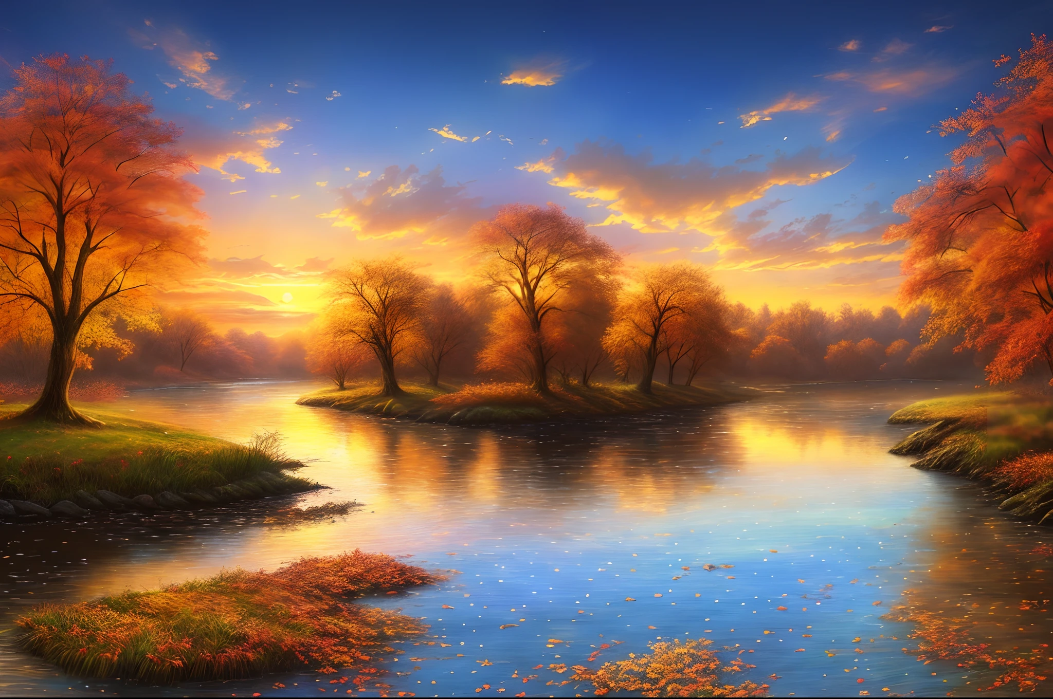 (((tmasterpiece))),best qualtiy,illustratio,Beautiful detail glow,autumnal,eventide,riverbank,Scenic beauty, Eau, Clouds, Colorful, florest background, fanciful,